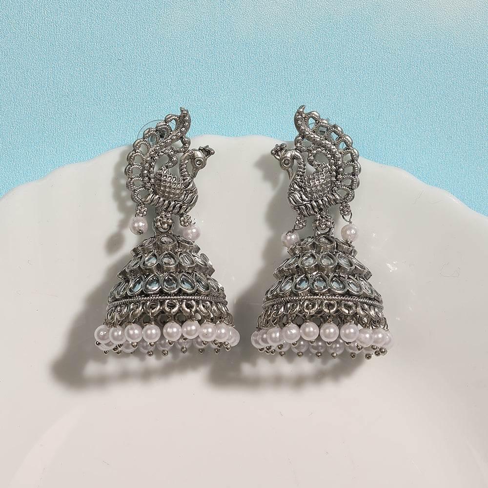Buy Aviana Silver-Plated Crystal Studded Traditional Jhumka Earrings for Women - Auraa Trends