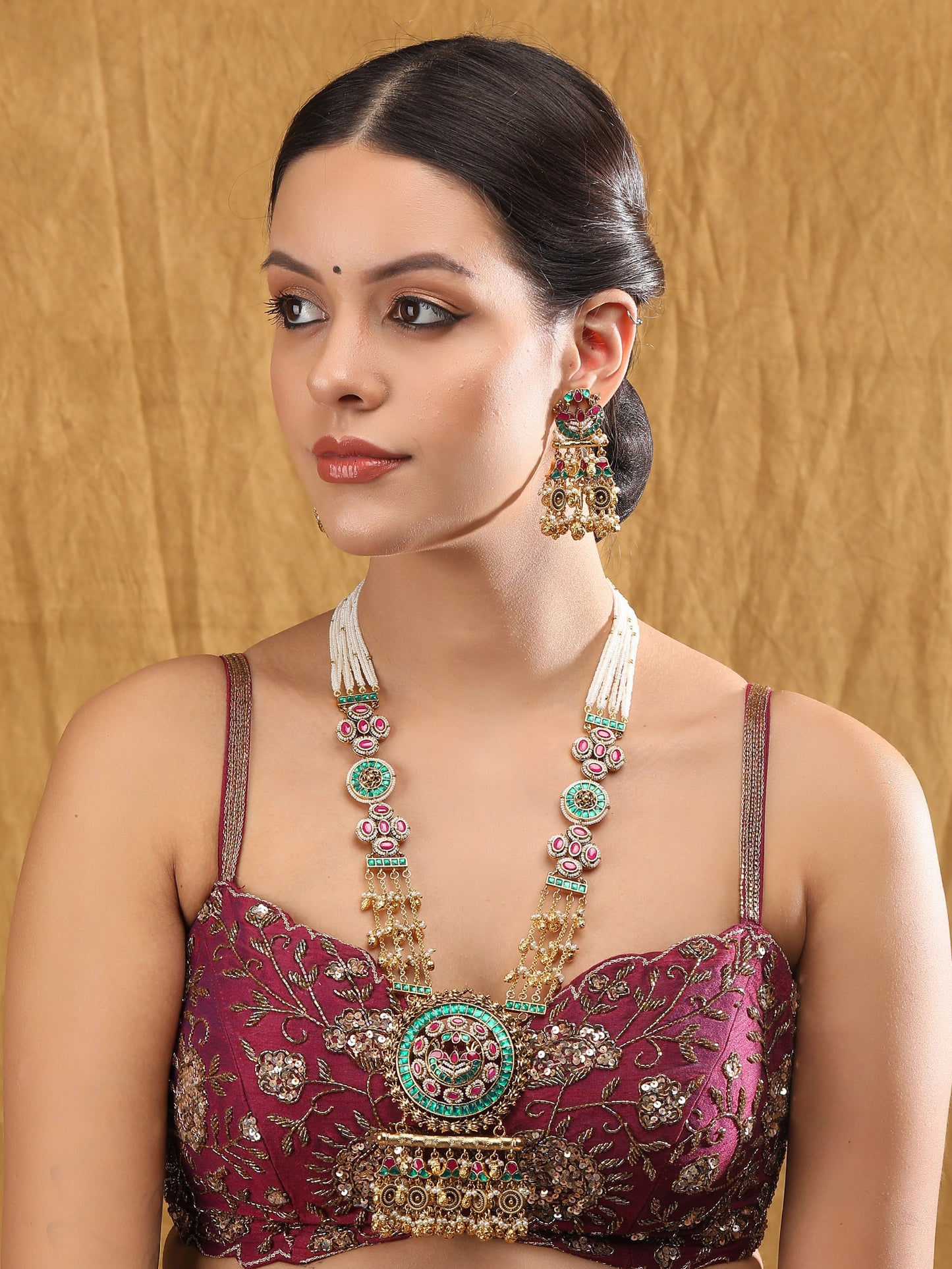 Green Kundan Beaded Raani Haar Necklace Set with Matching Earrings