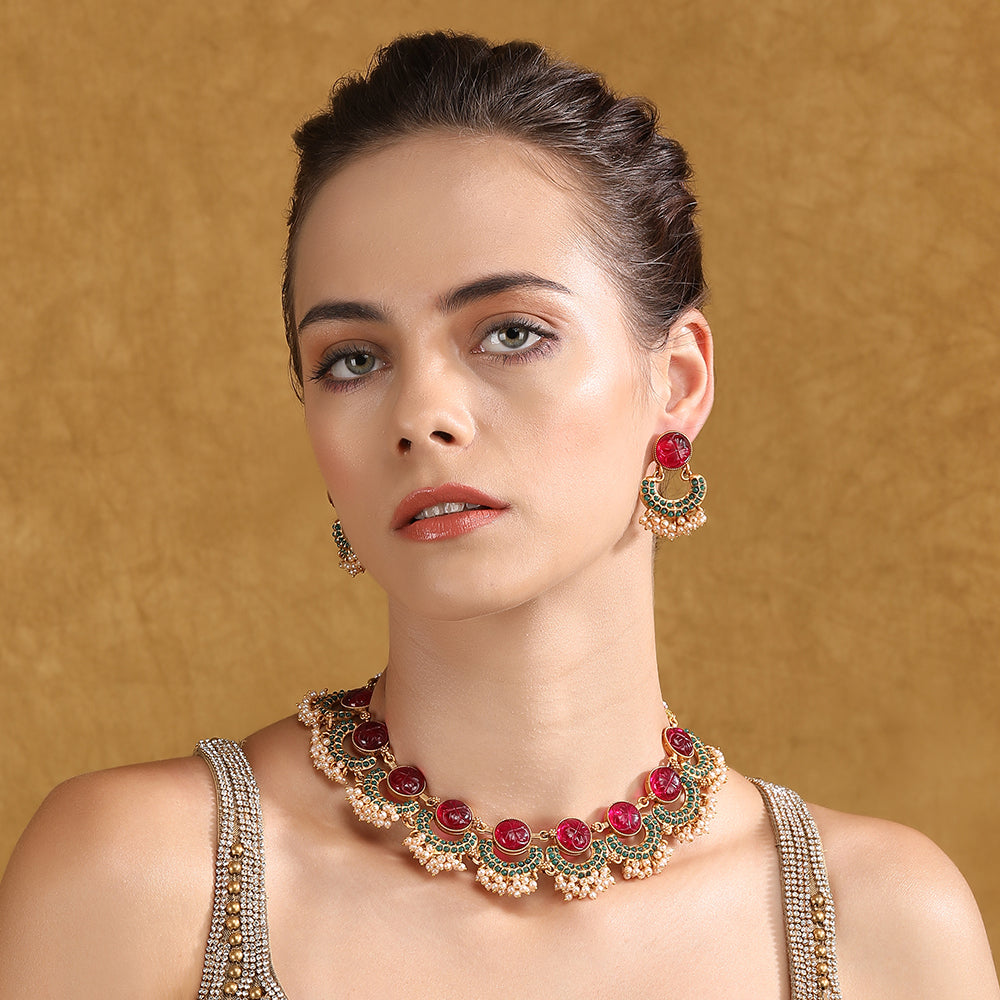 Gold Plated Red Stone Choker Necklace Set with Earrings