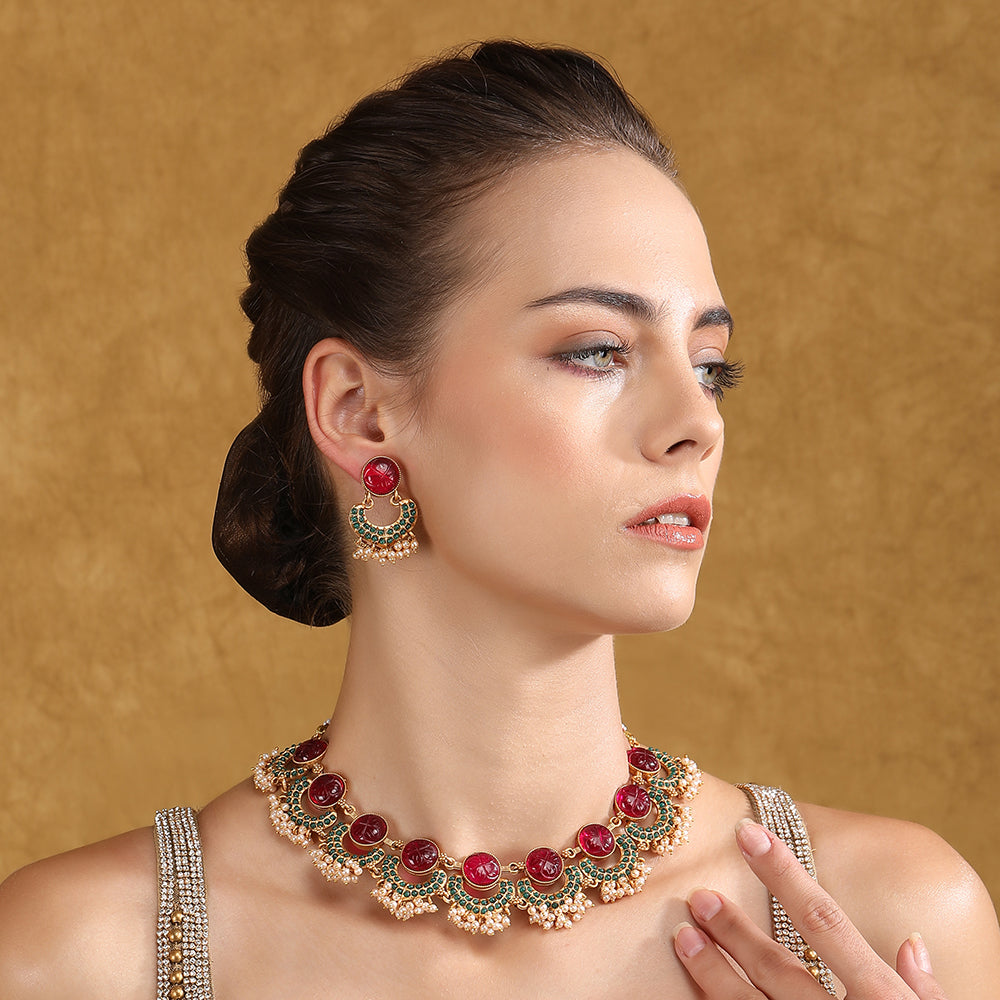 Gold Plated Red Stone Choker Necklace Set with Earrings