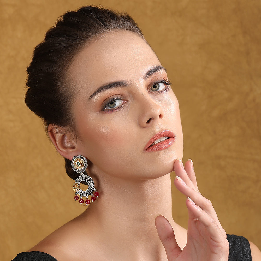 Gold-Plated Oxidized Chandelier Earrings with Red Beads