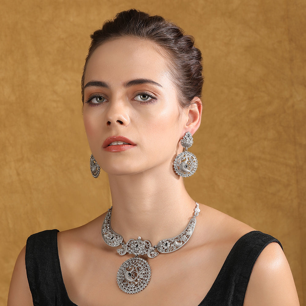 Silver-Plated Choker Necklace Set with Earrings