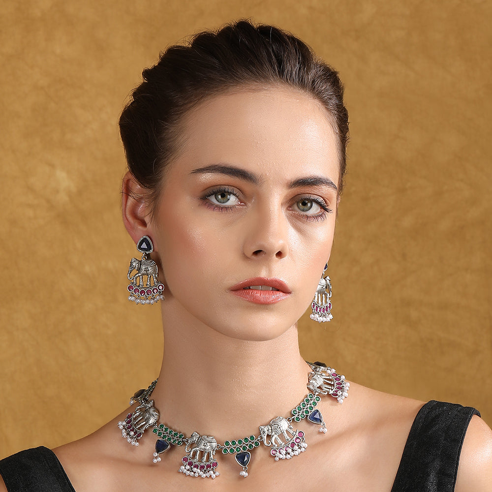 Silver Plated Stone Studded Jewellery Set pair of matching drop earrings