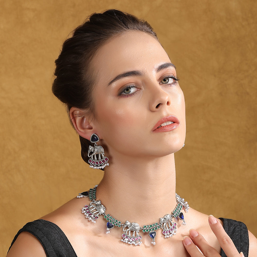 Silver Plated Stone Studded Jewellery Set pair of matching drop earrings