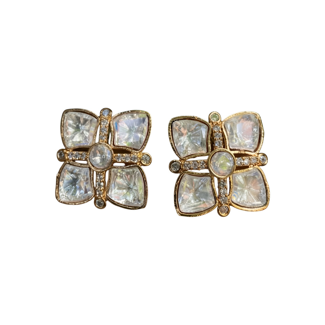 Gold CZ Clover Stud Earrings with Pave Detailing