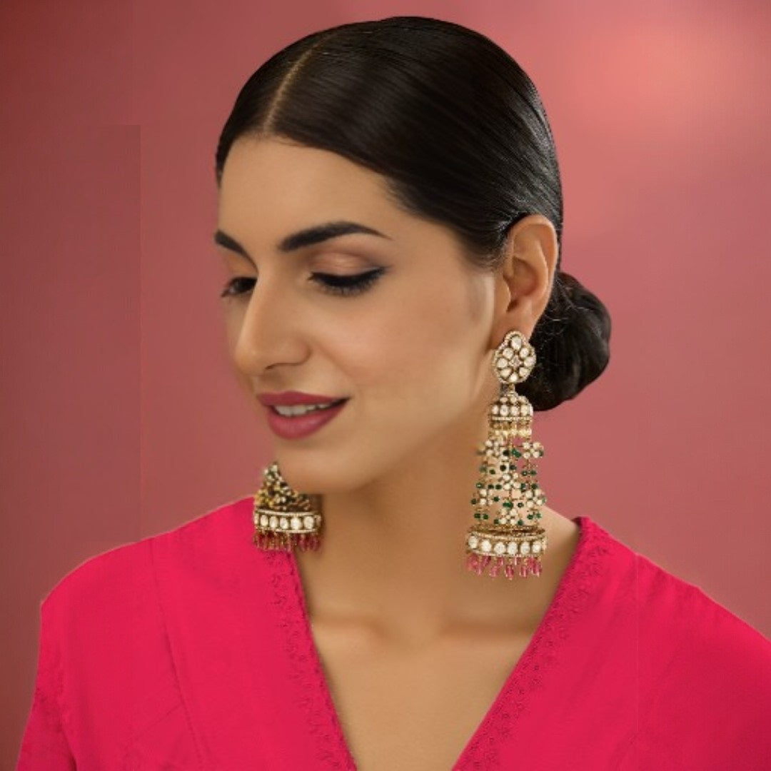 Gold-Plated Kundan Jhumka Earrings with Pearl Drops