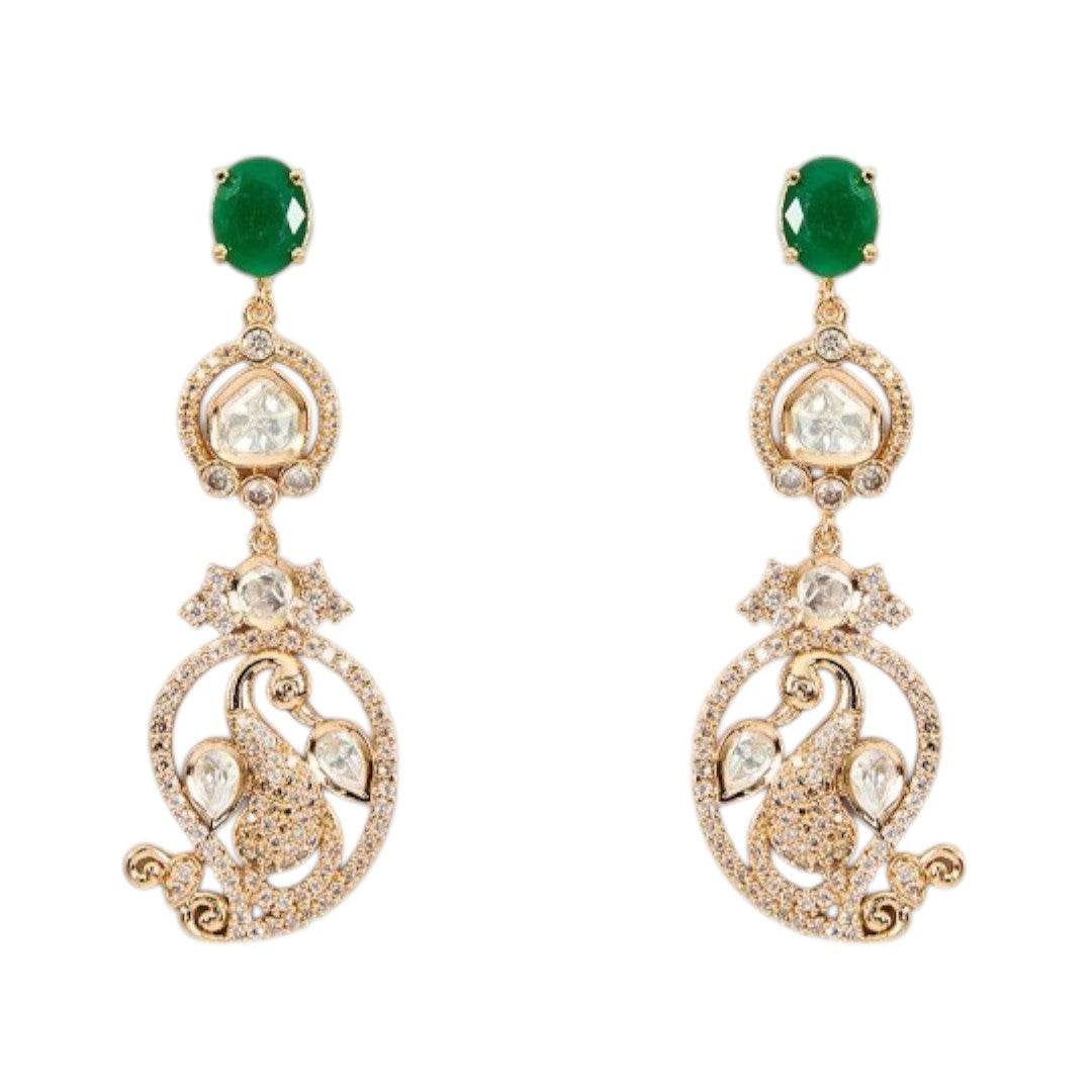 Gold-Plated Artificial Stone-Studded & Beaded Peacock-Inspired Jewellery Set - Auraa Trends