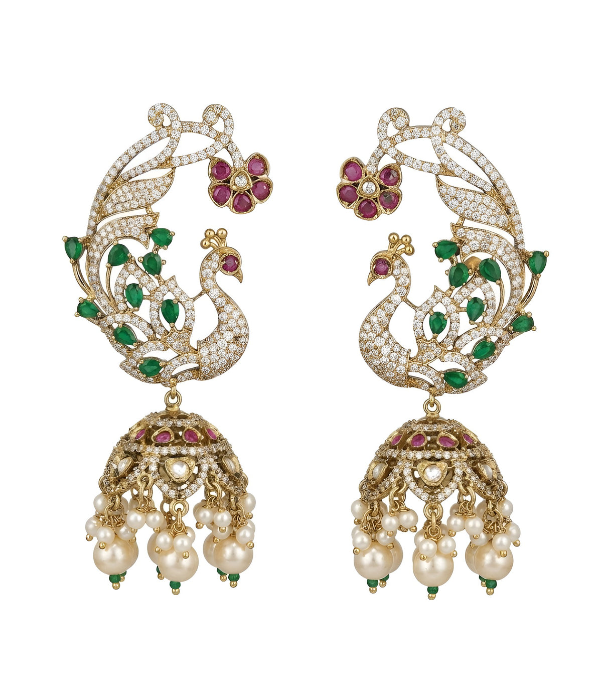 Zircon Peacock Cuff Earrings with Jhumka