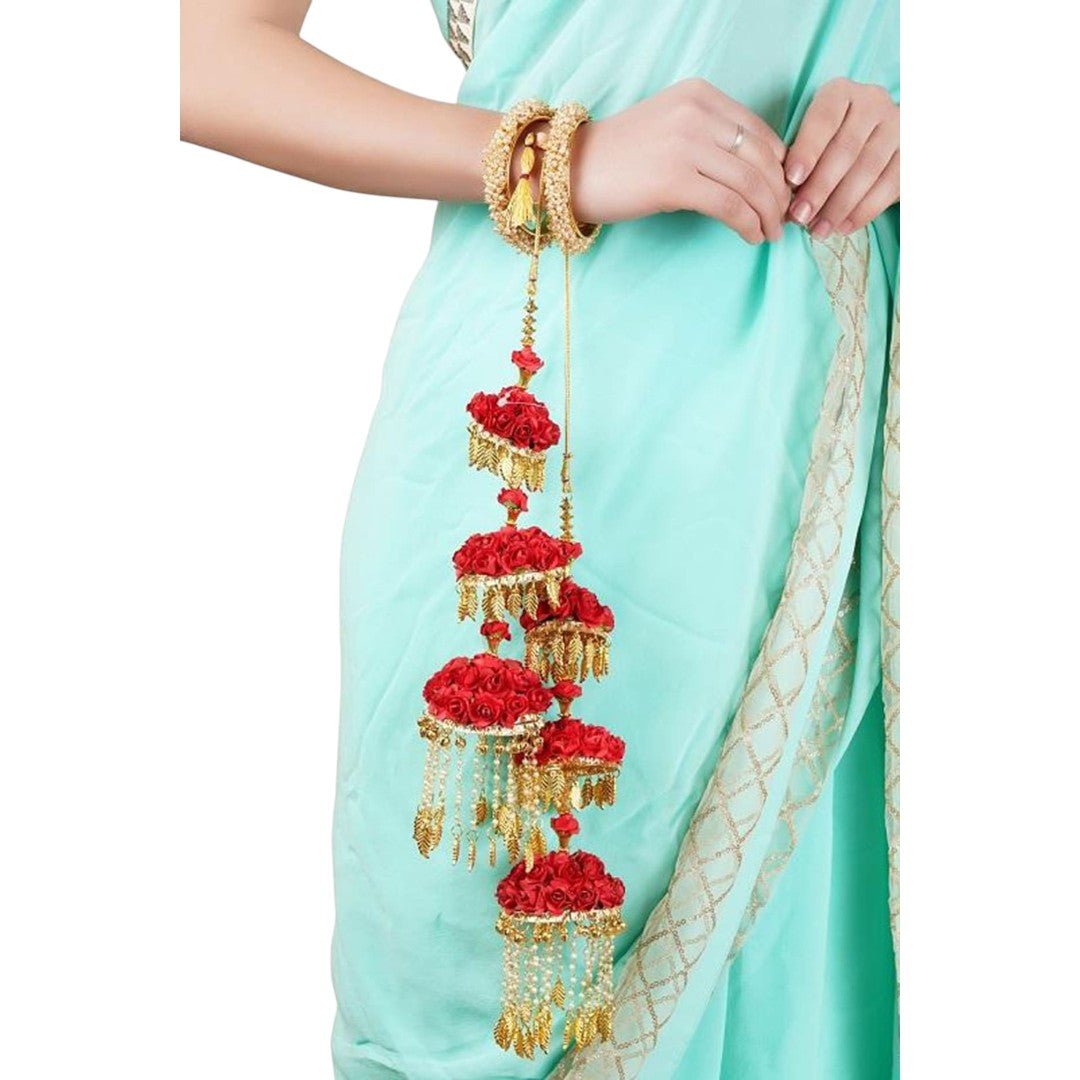 22KT Gold Plated Bridal kaleere with Red Floral Accents – Alloy Wedding Jewelry - Auraa Trends - Kaleere - 22KT Gold Plated