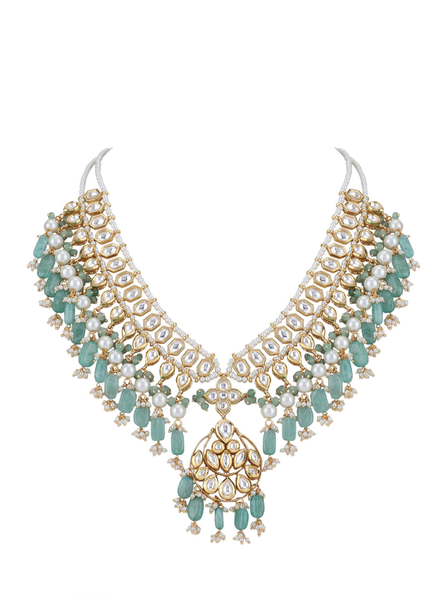 22KT Gold Plated Kundan Blue Beads Necklace Set - Auraa Trends