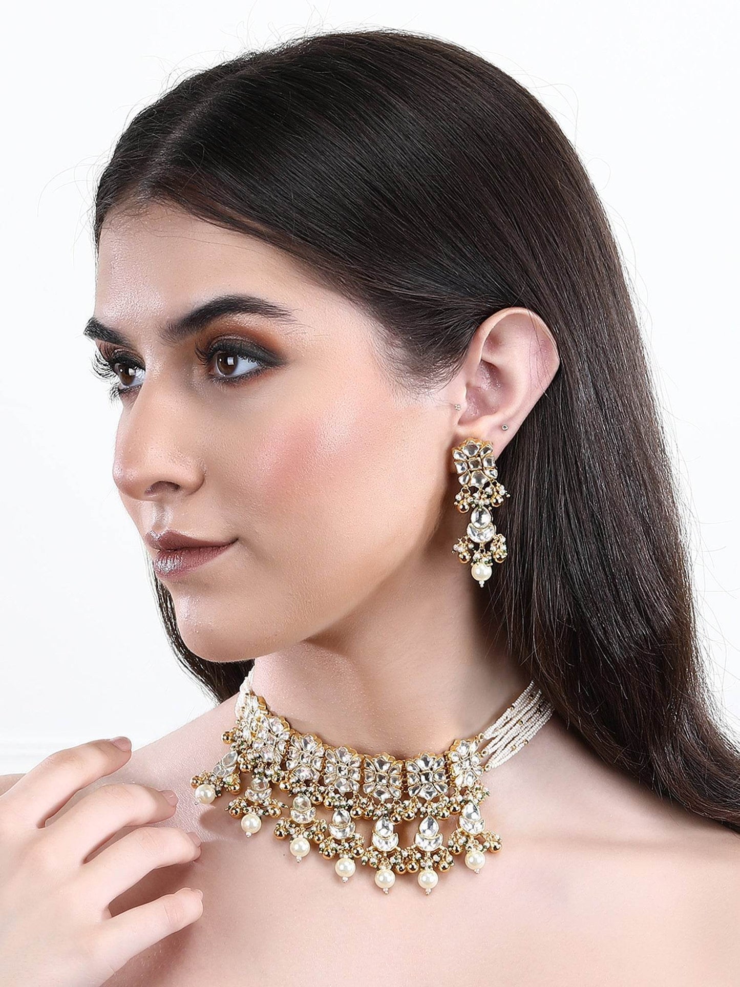 22KT Gold Plated Kundan Choker Necklace Set with Pearls For Women - Auraa Trends