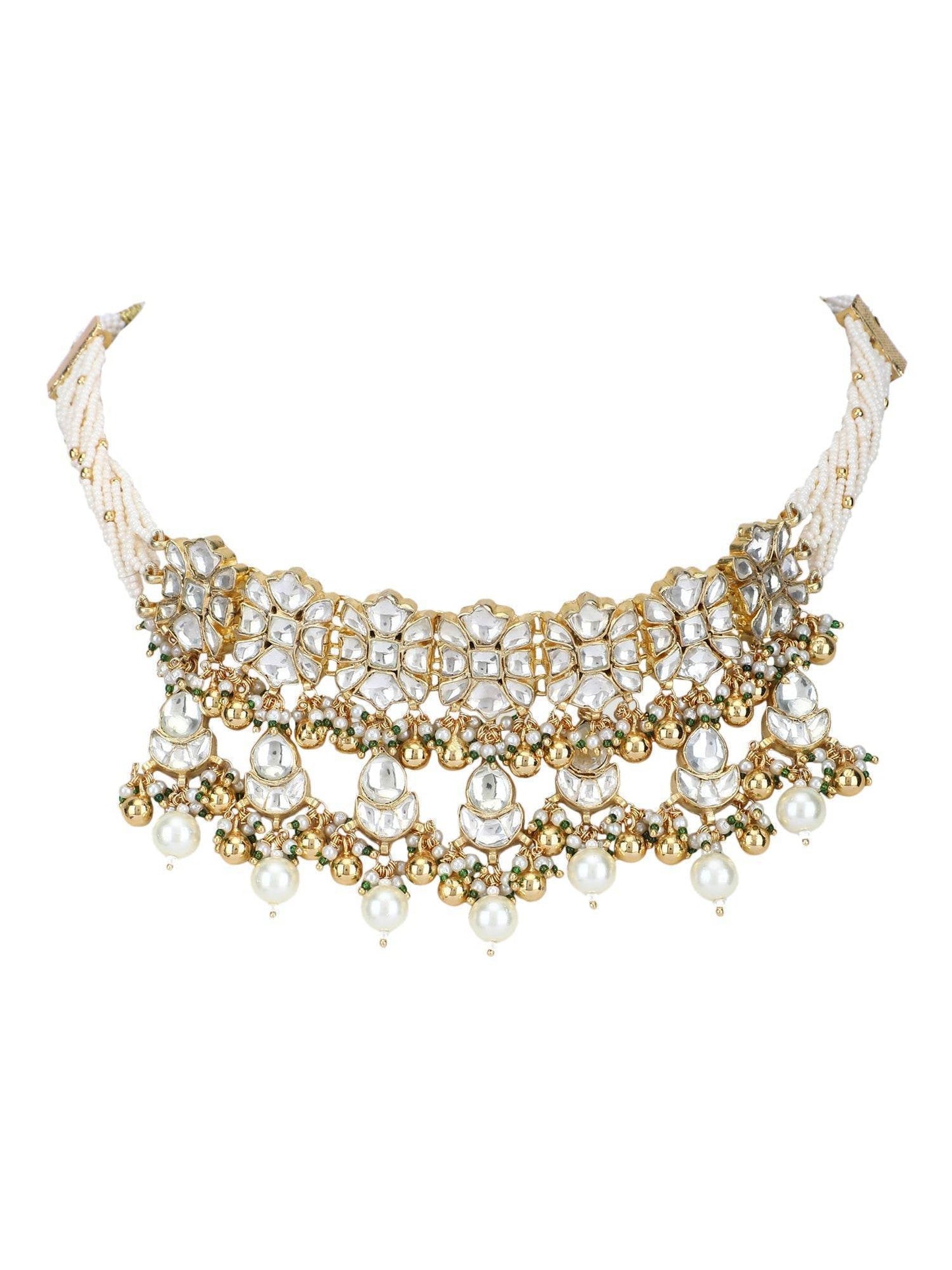 22KT Gold Plated Kundan Choker Necklace Set with Pearls For Women - Auraa Trends