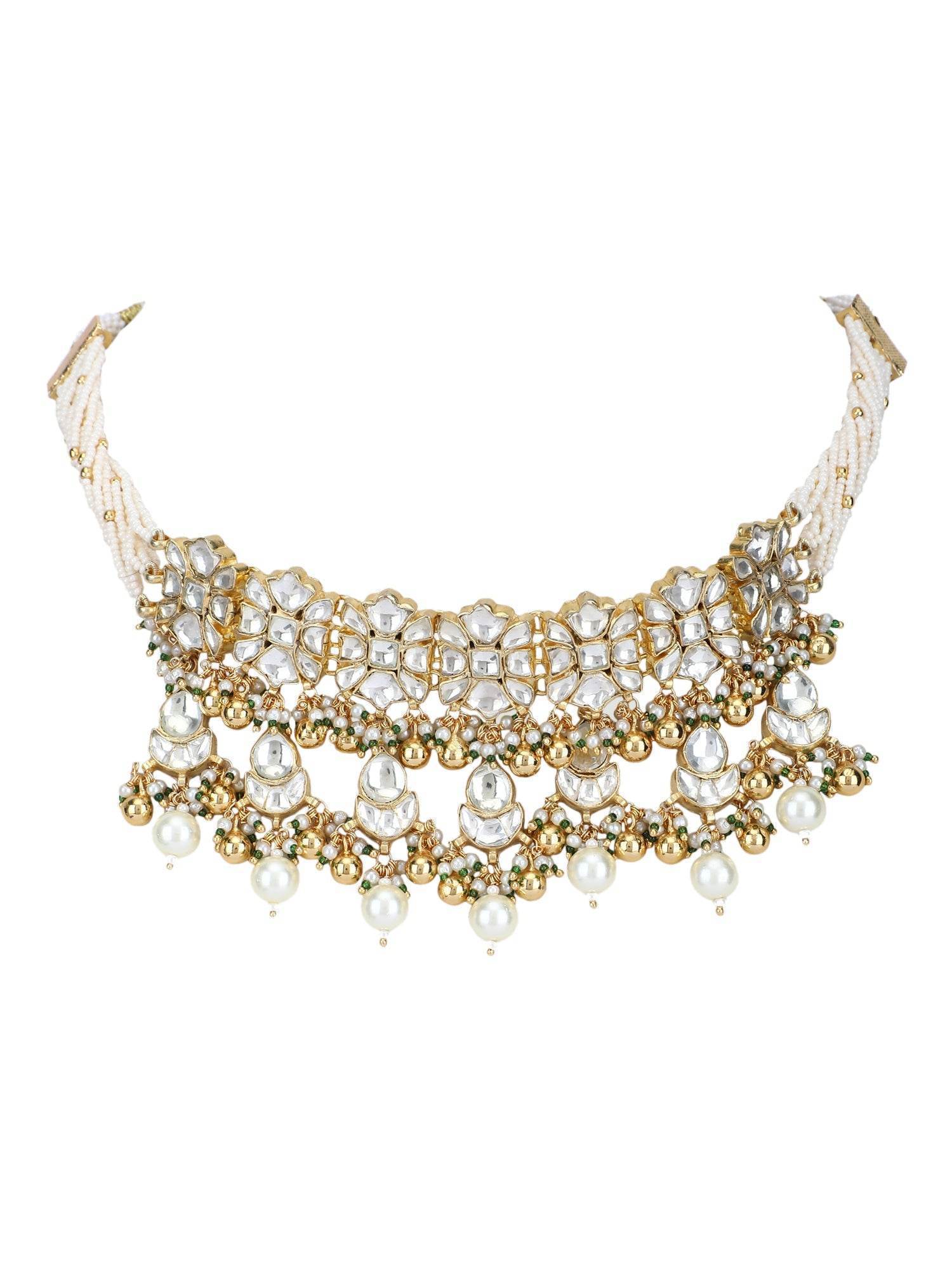 22KT Gold Plated Kundan Choker Necklace Set with Pearls For Women - Auraa Trends