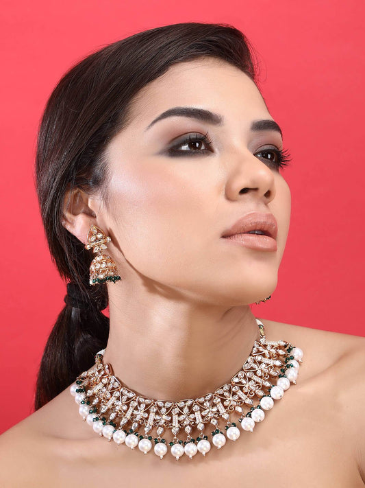 22KT Gold Plated Kundan Classic Green Beads Necklace Set - Auraa Trends