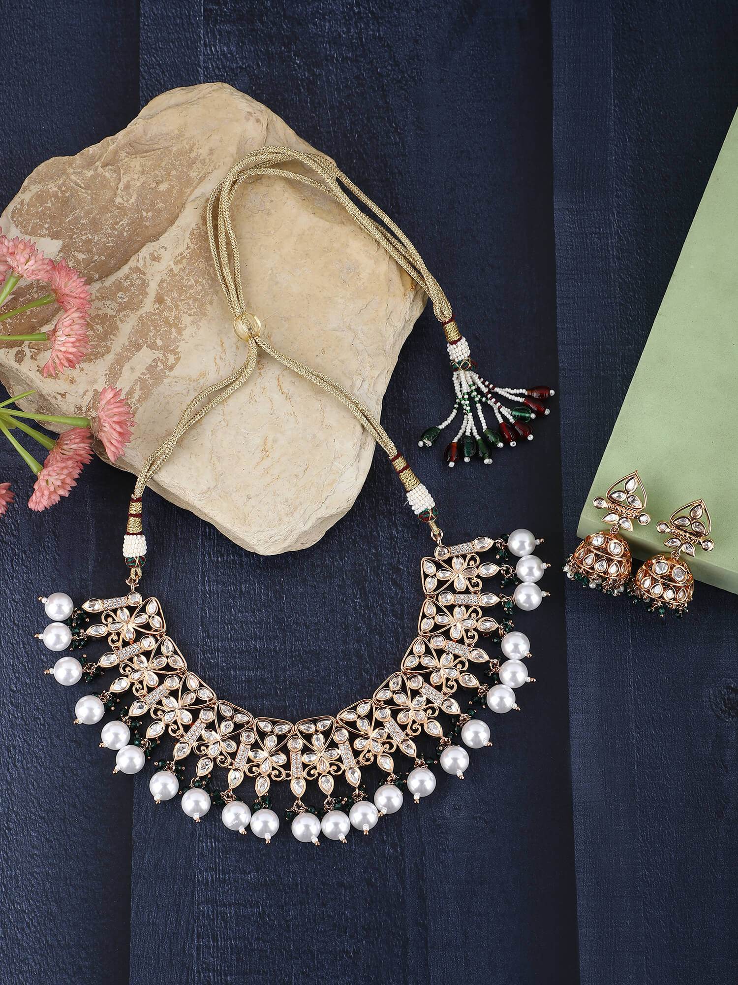 22KT Gold Plated Kundan Classic Green Beads Necklace Set - Auraa Trends