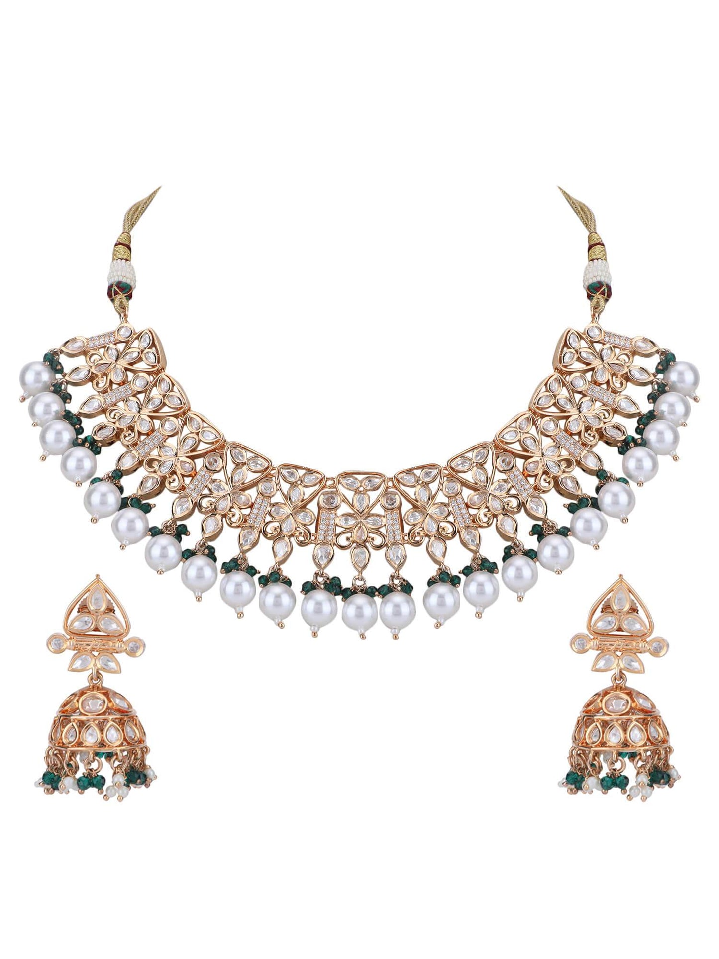 22KT Gold Plated Kundan Classic Green Beads Necklace Set - Auraa Trends