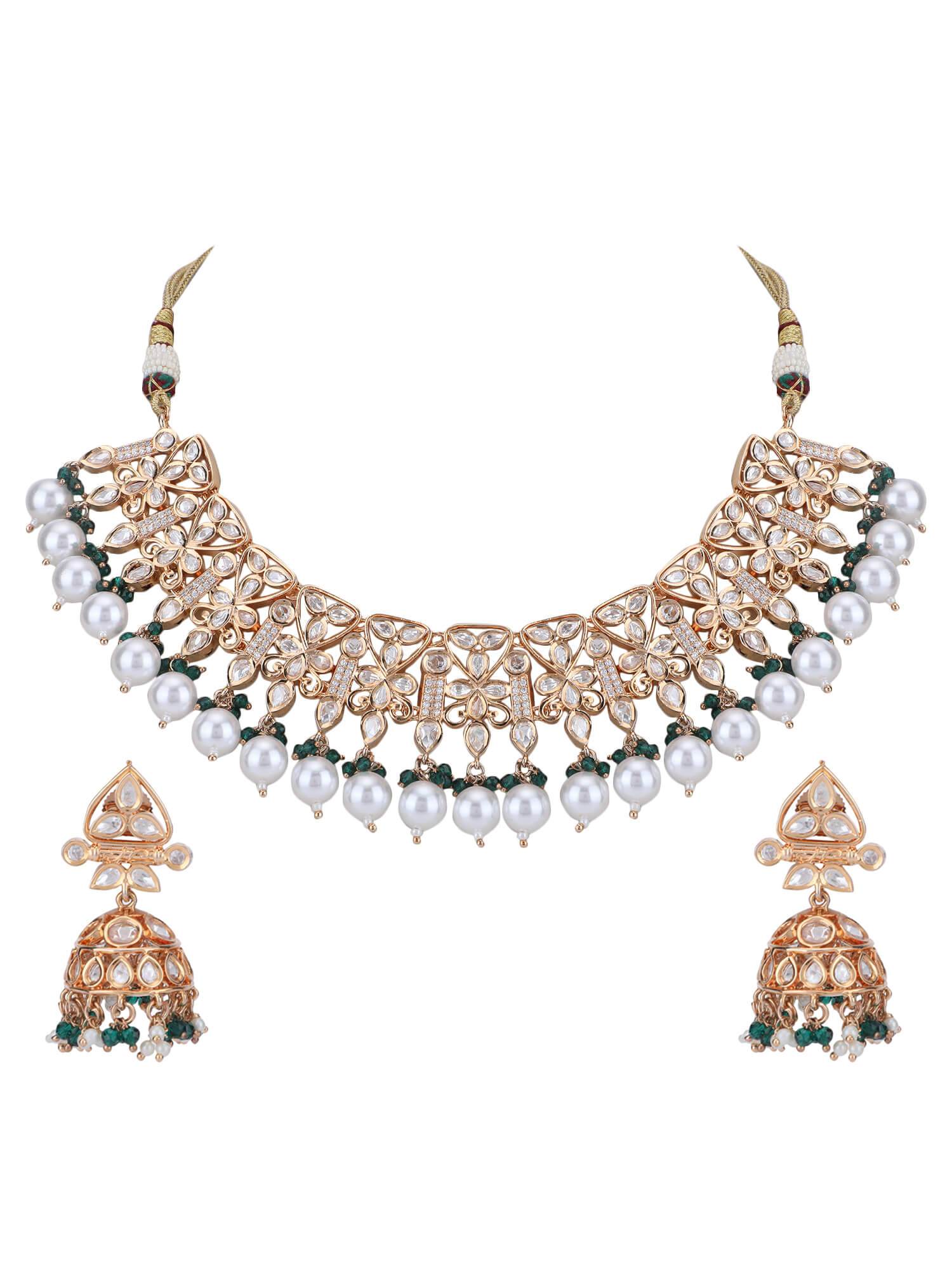 22KT Gold Plated Kundan Classic Green Beads Necklace Set - Auraa Trends