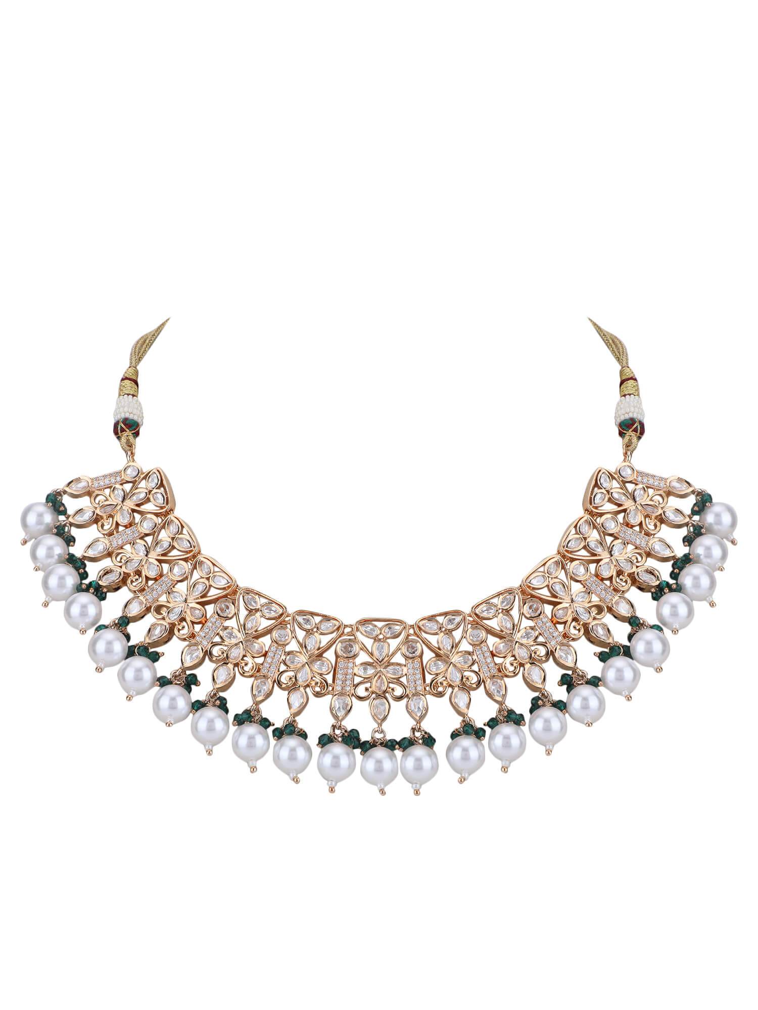 22KT Gold Plated Kundan Classic Green Beads Necklace Set - Auraa Trends