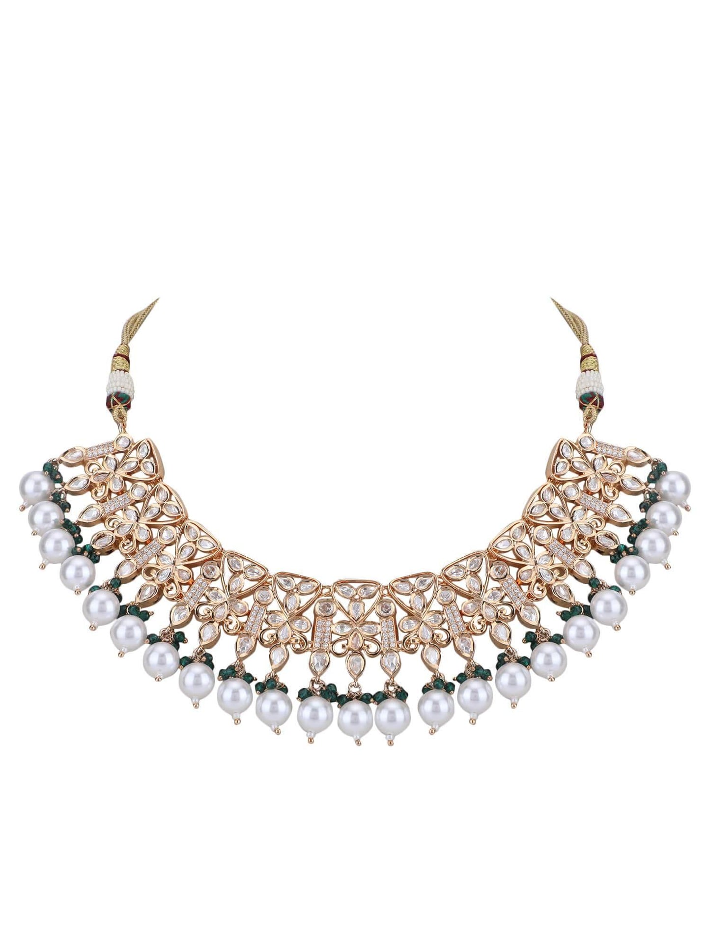 22KT Gold Plated Kundan Classic Green Beads Necklace Set - Auraa Trends