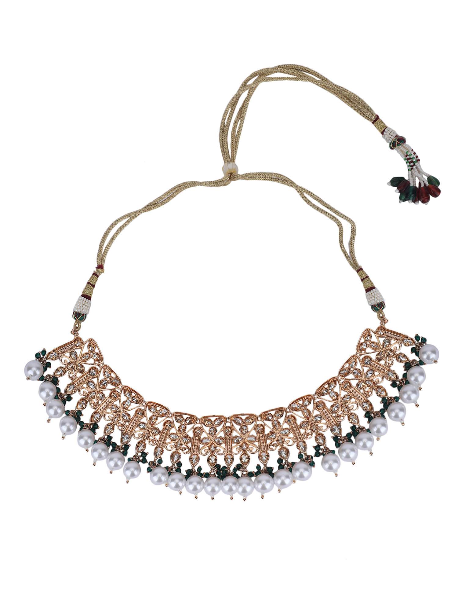 22KT Gold Plated Kundan Classic Green Beads Necklace Set - Auraa Trends