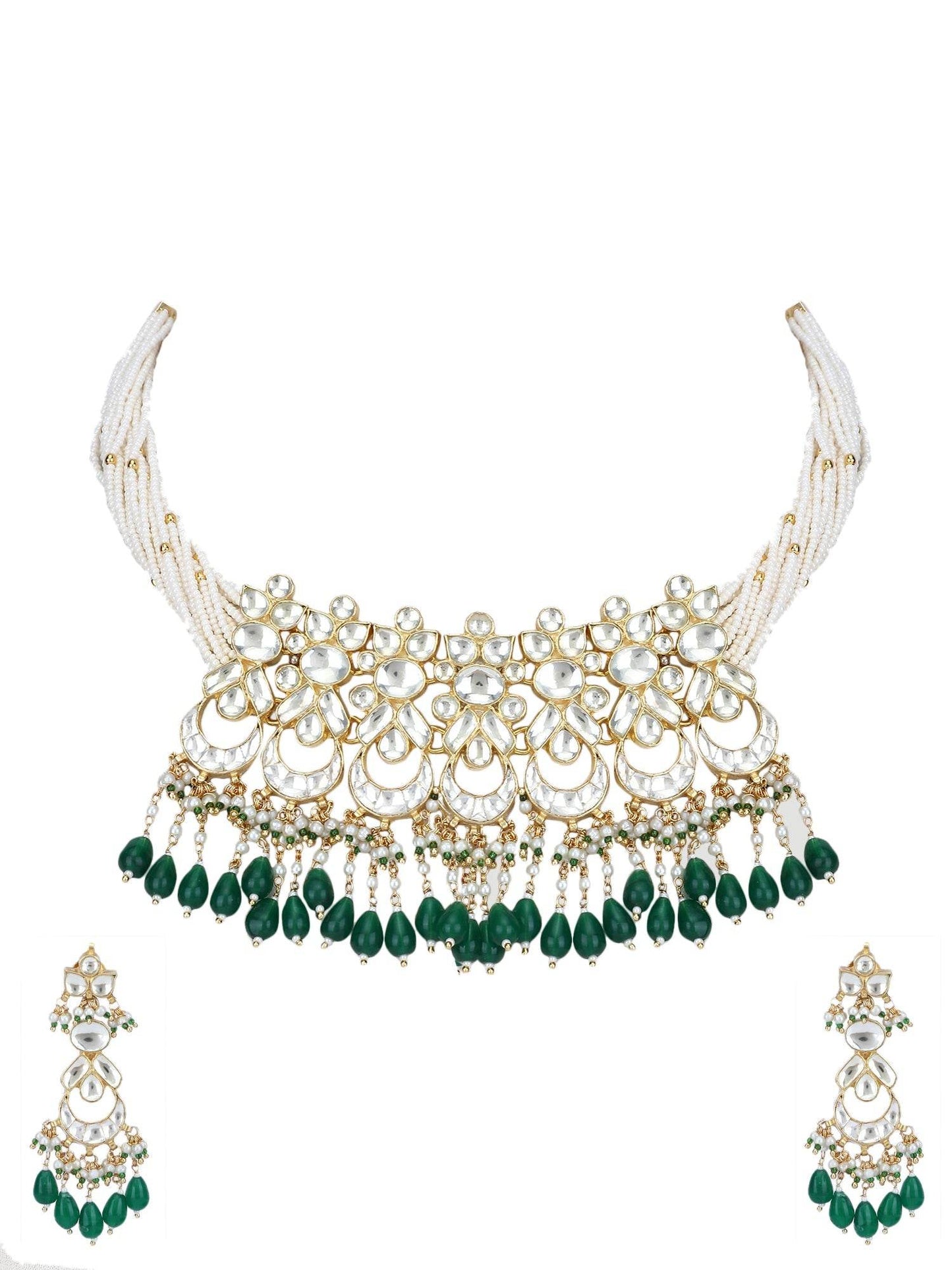 22KT gold Plated Kundan Classic Green Choker Necklace Set for women and Girls - Auraa Trends
