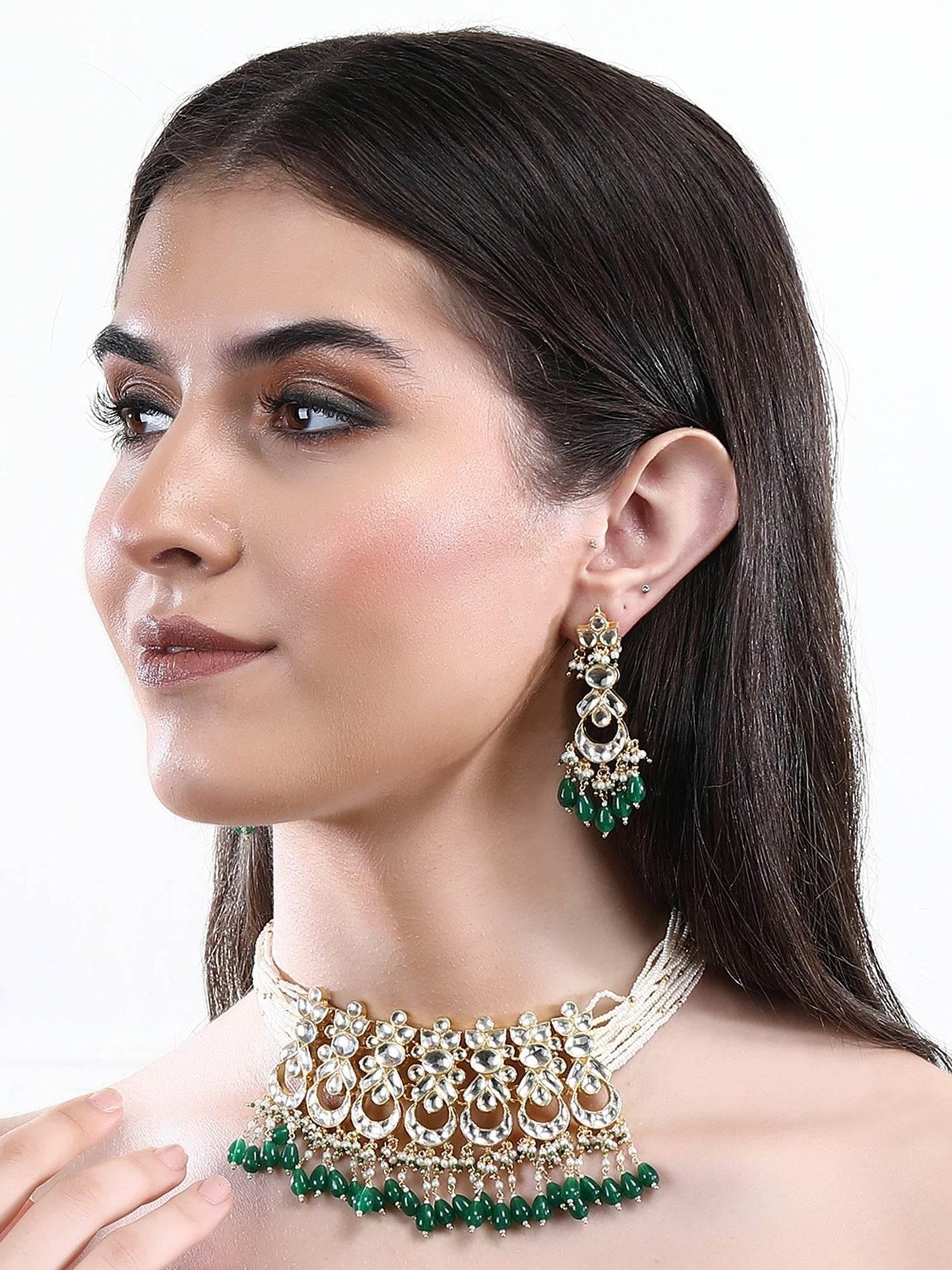 22KT gold Plated Kundan Classic Green Choker Necklace Set for women and Girls - Auraa Trends