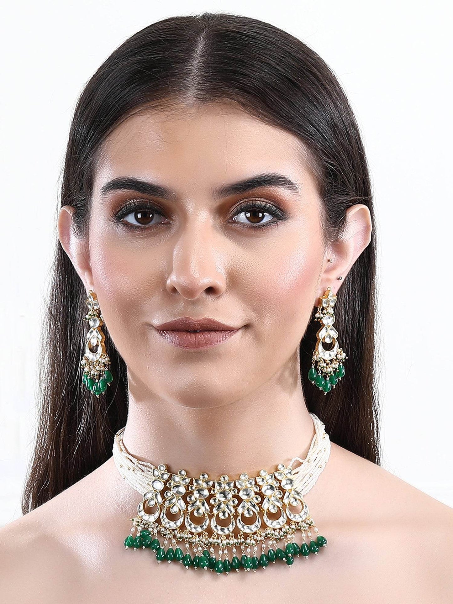 22KT gold Plated Kundan Classic Green Choker Necklace Set for women and Girls - Auraa Trends