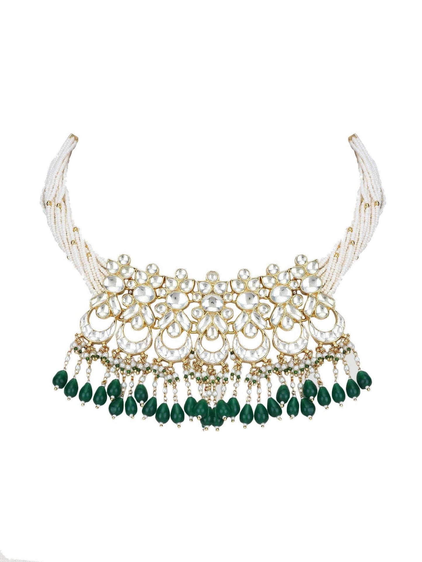 22KT gold Plated Kundan Classic Green Choker Necklace Set for women and Girls - Auraa Trends