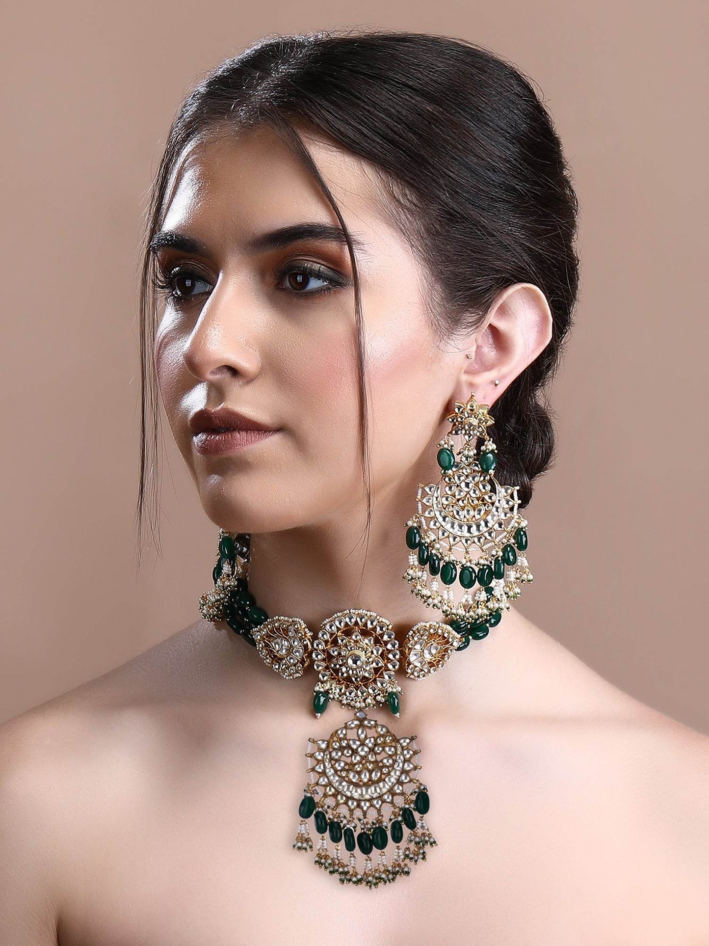 22KT gold Plated Kundan Classic Green Choker Necklace Set for women - Auraa Trends