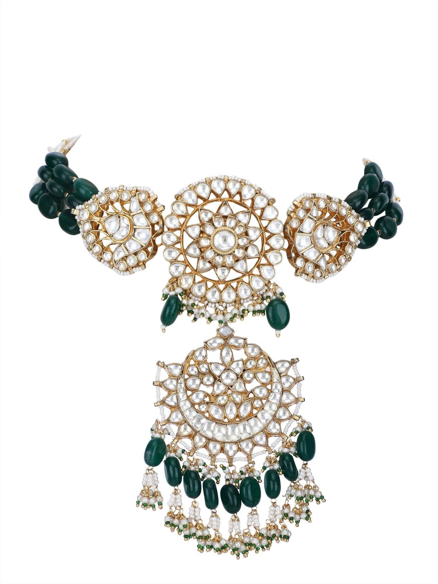22KT gold Plated Kundan Classic Green Choker Necklace Set for women - Auraa Trends
