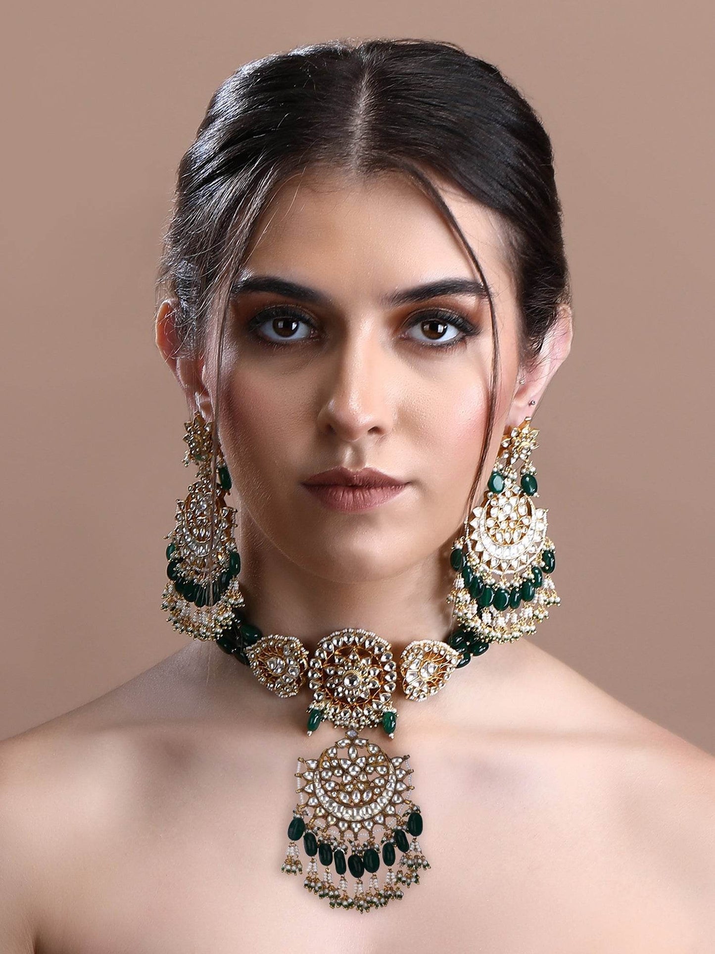 22KT gold Plated Kundan Classic Green Choker Necklace Set for women - Auraa Trends