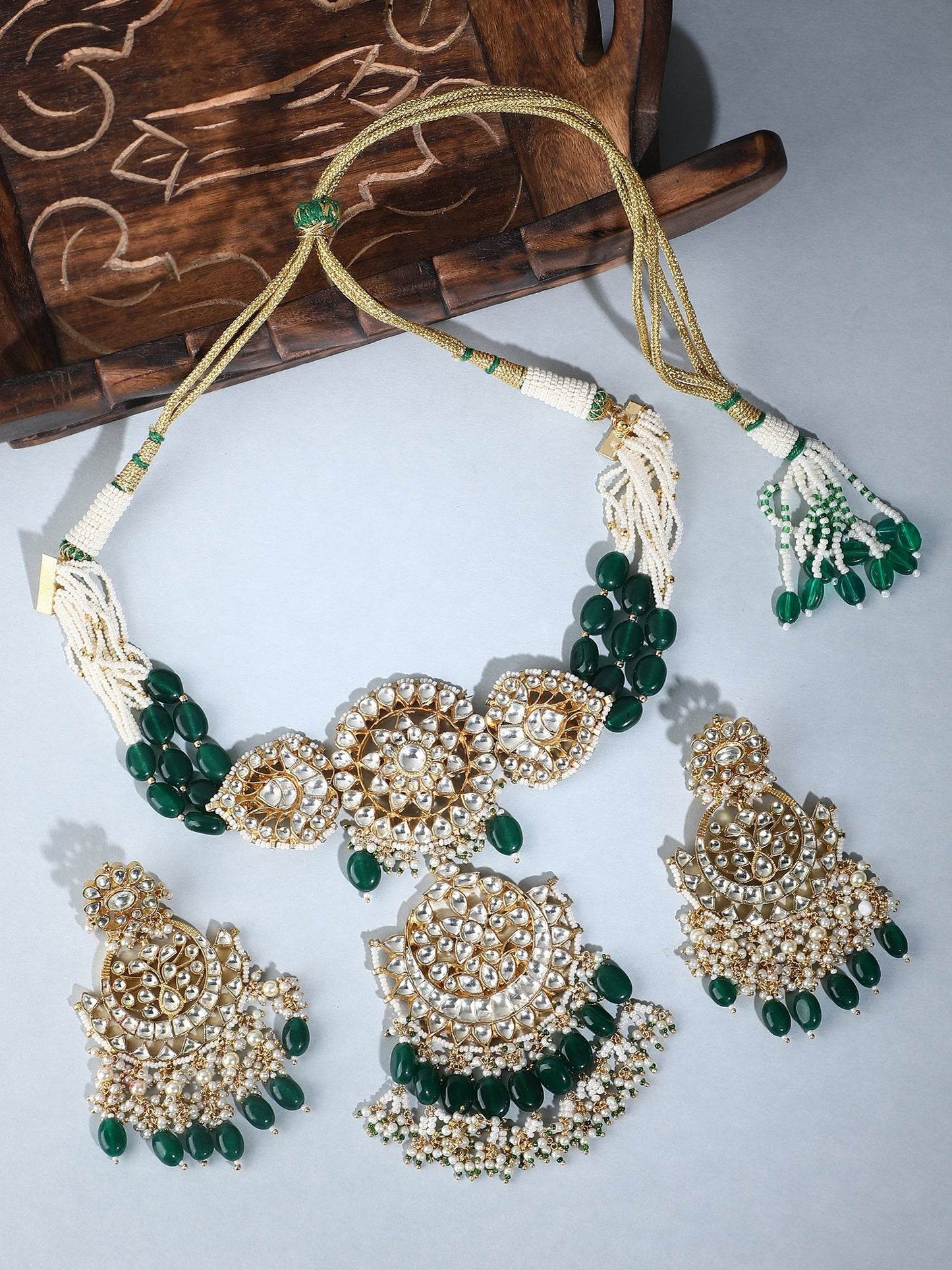 22KT gold Plated Kundan Classic Green Choker Necklace Set for women - Auraa Trends