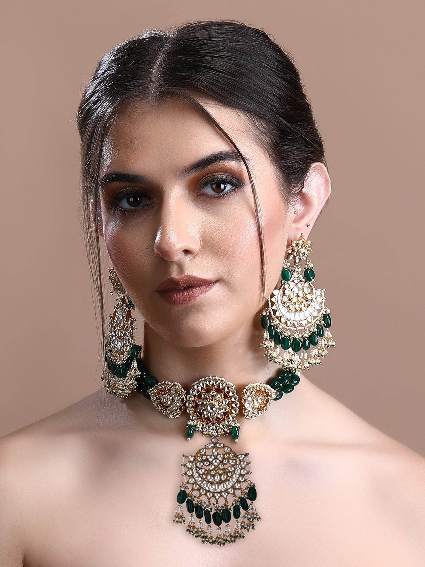 22KT gold Plated Kundan Classic Green Choker Necklace Set for women - Auraa Trends