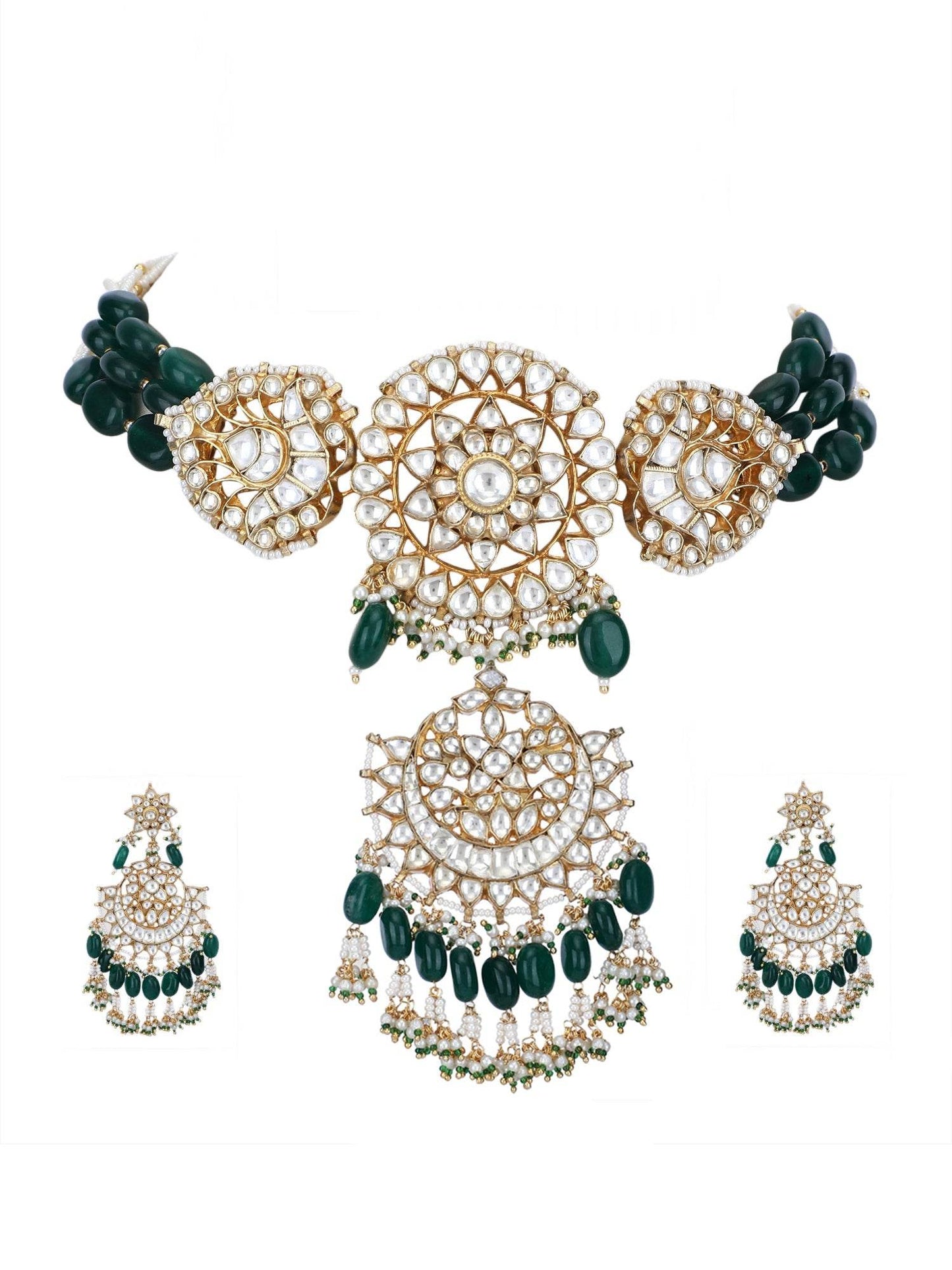22KT gold Plated Kundan Classic Green Choker Necklace Set for women - Auraa Trends
