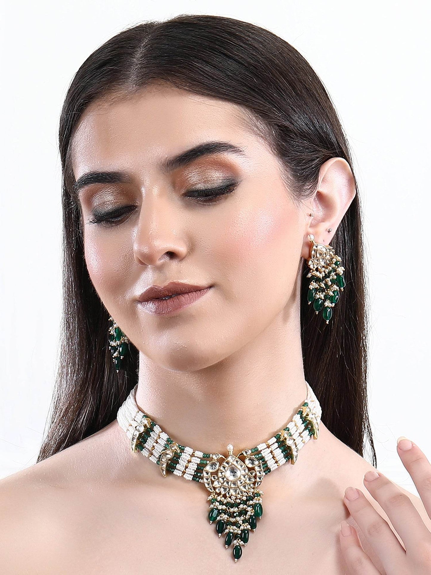 22KT Gold Plated Kundan Classic Green Choker Necklace Set for women - Auraa Trends