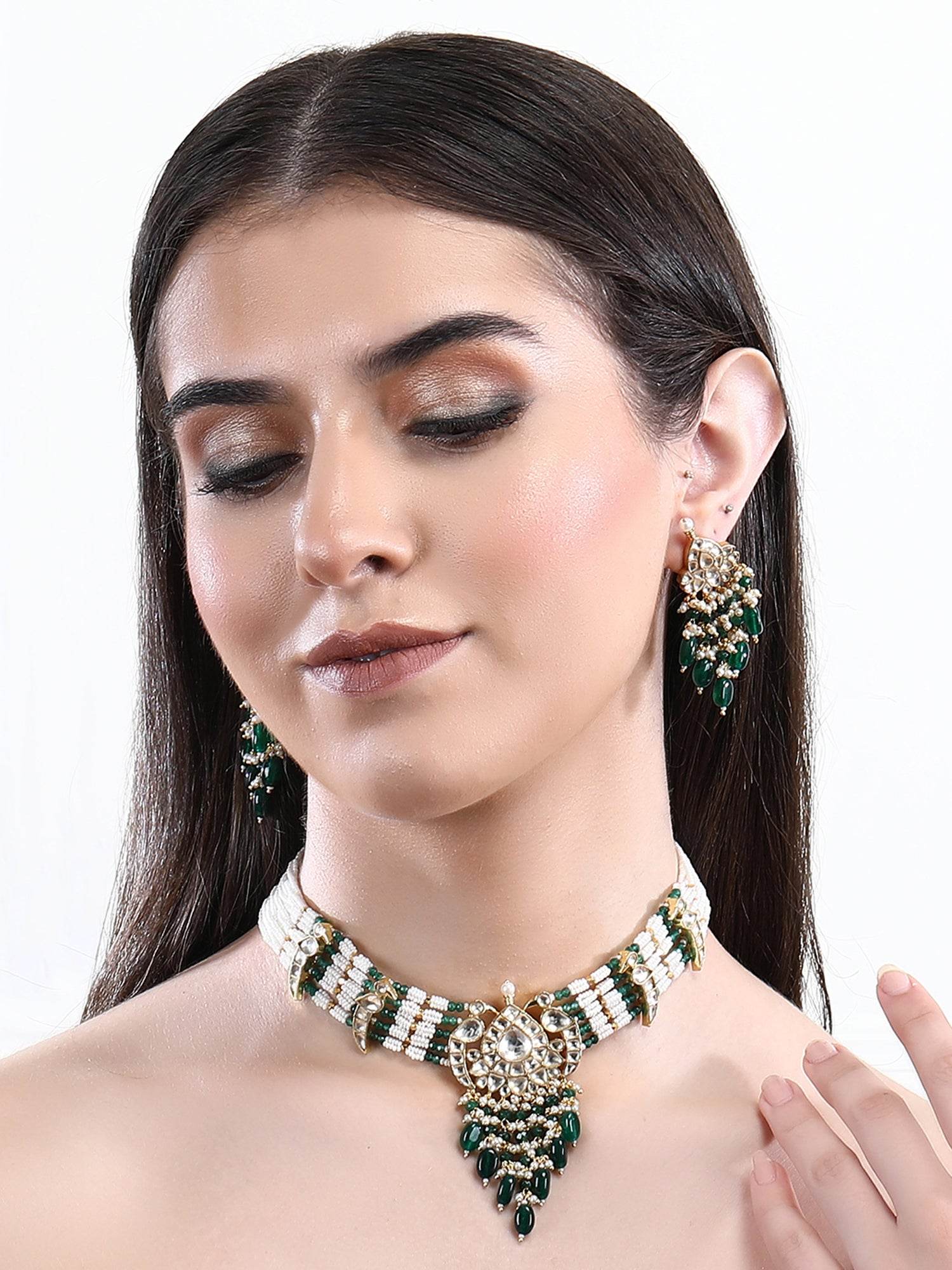 22KT Gold Plated Kundan Classic Green Choker Necklace Set for women - Auraa Trends