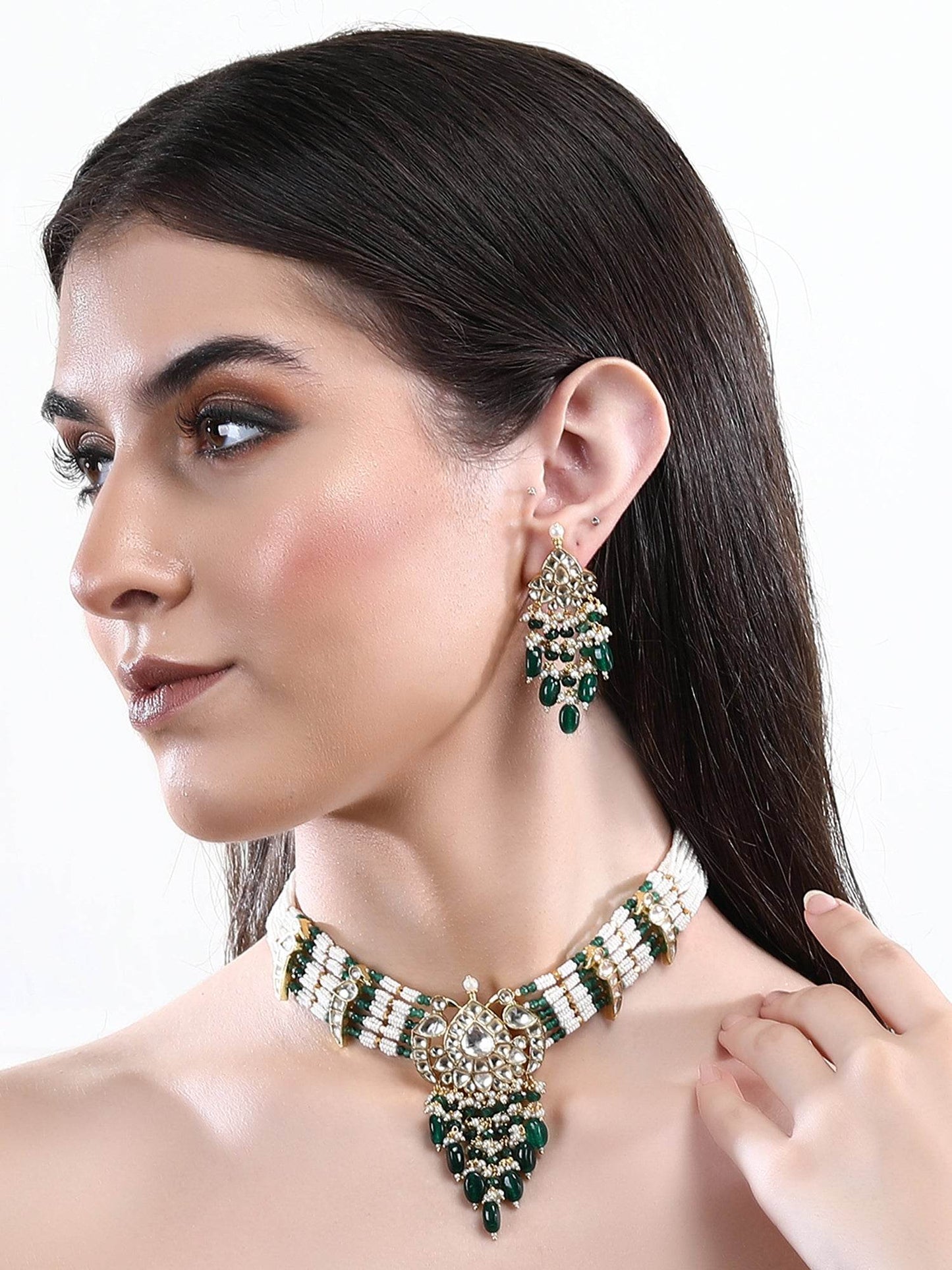 22KT Gold Plated Kundan Classic Green Choker Necklace Set for women - Auraa Trends