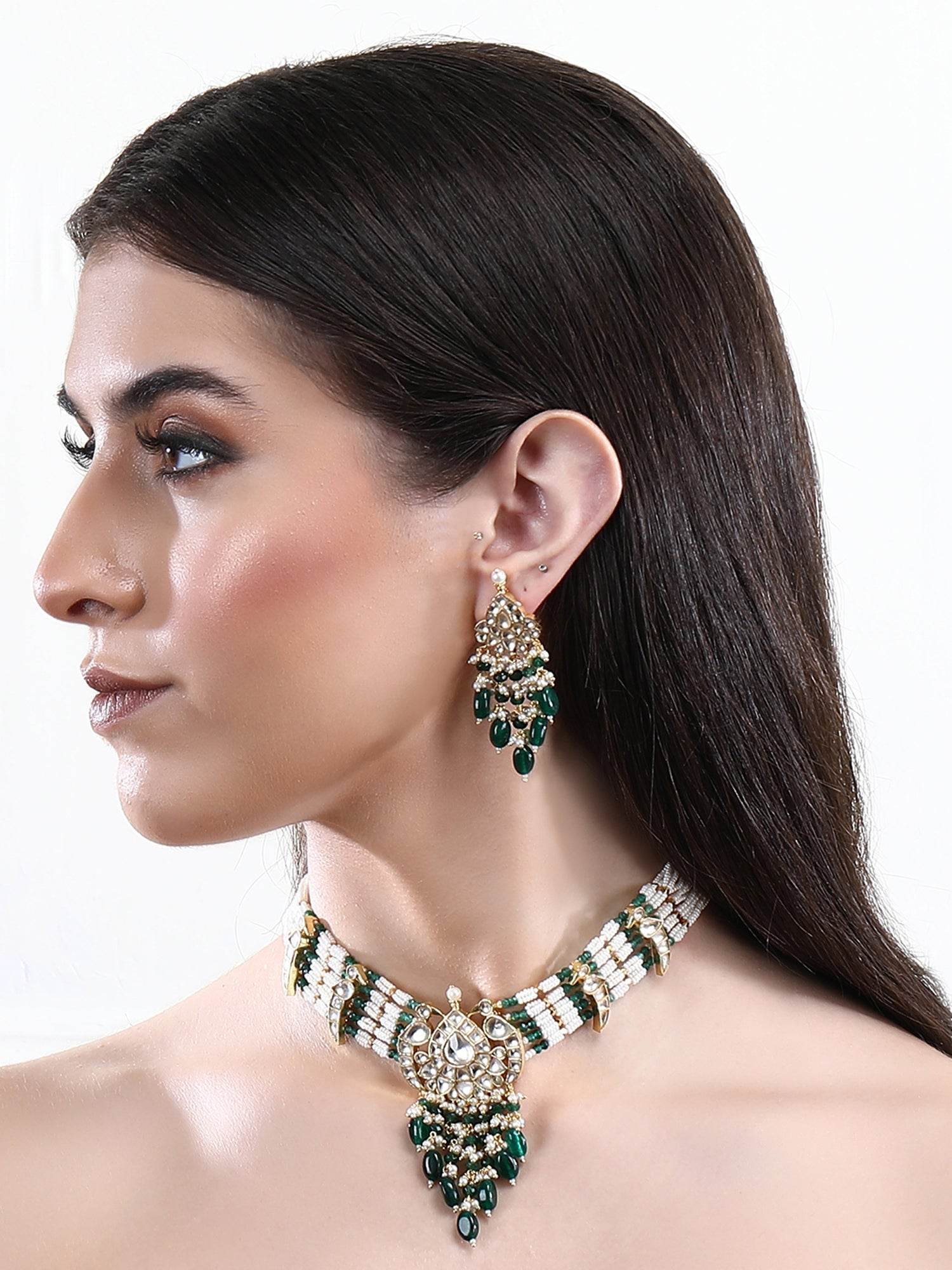 22KT Gold Plated Kundan Classic Green Choker Necklace Set for women - Auraa Trends