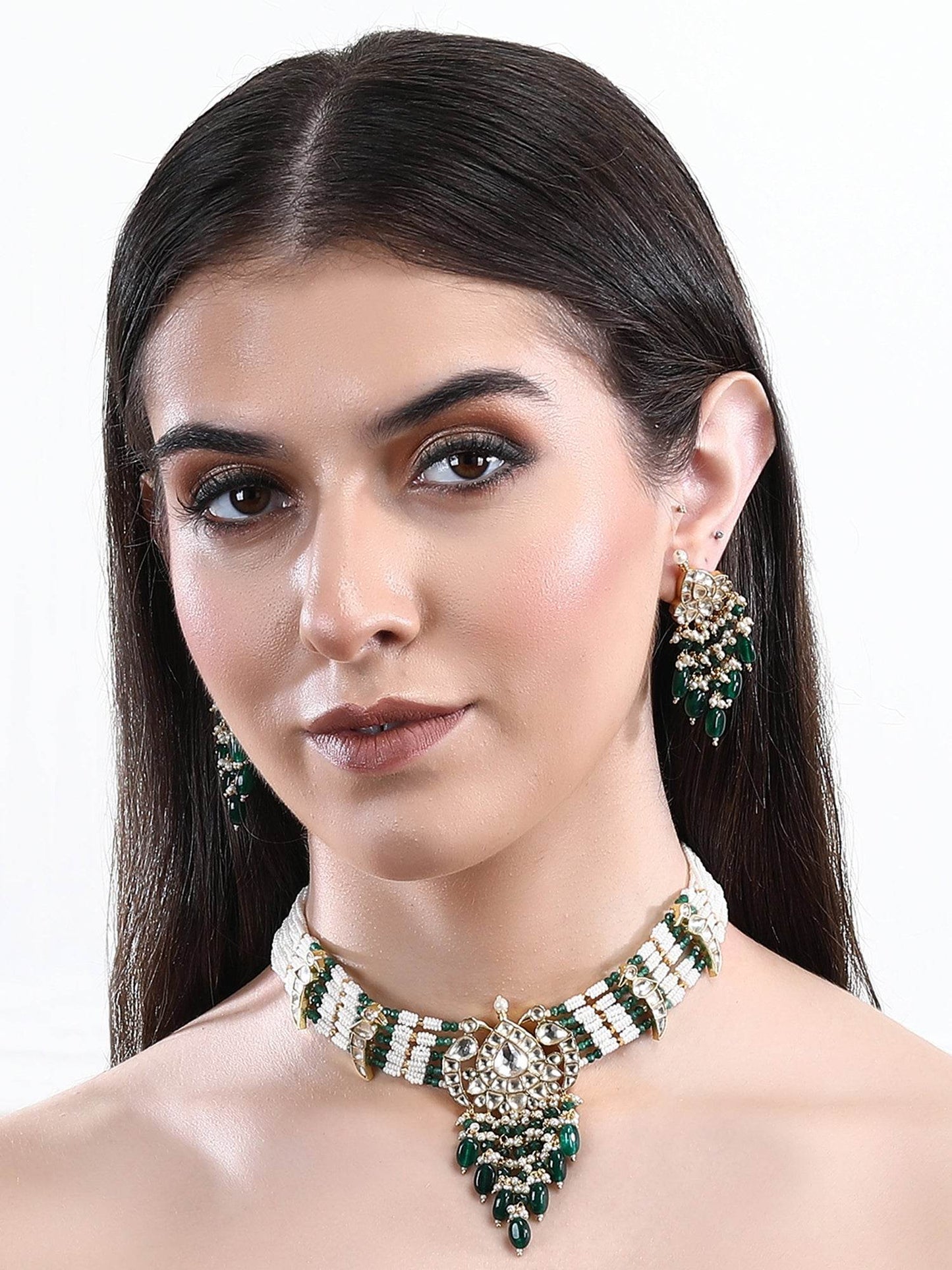 22KT Gold Plated Kundan Classic Green Choker Necklace Set for women - Auraa Trends