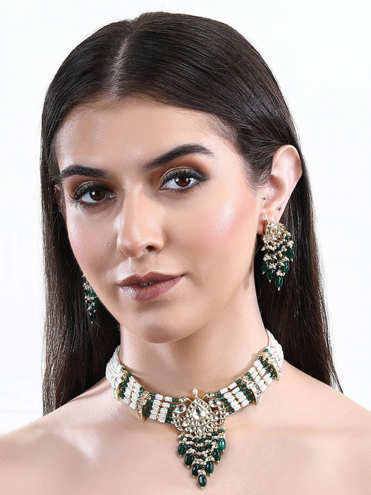 22KT Gold Plated Kundan Classic Green Choker Necklace Set for women - Auraa Trends
