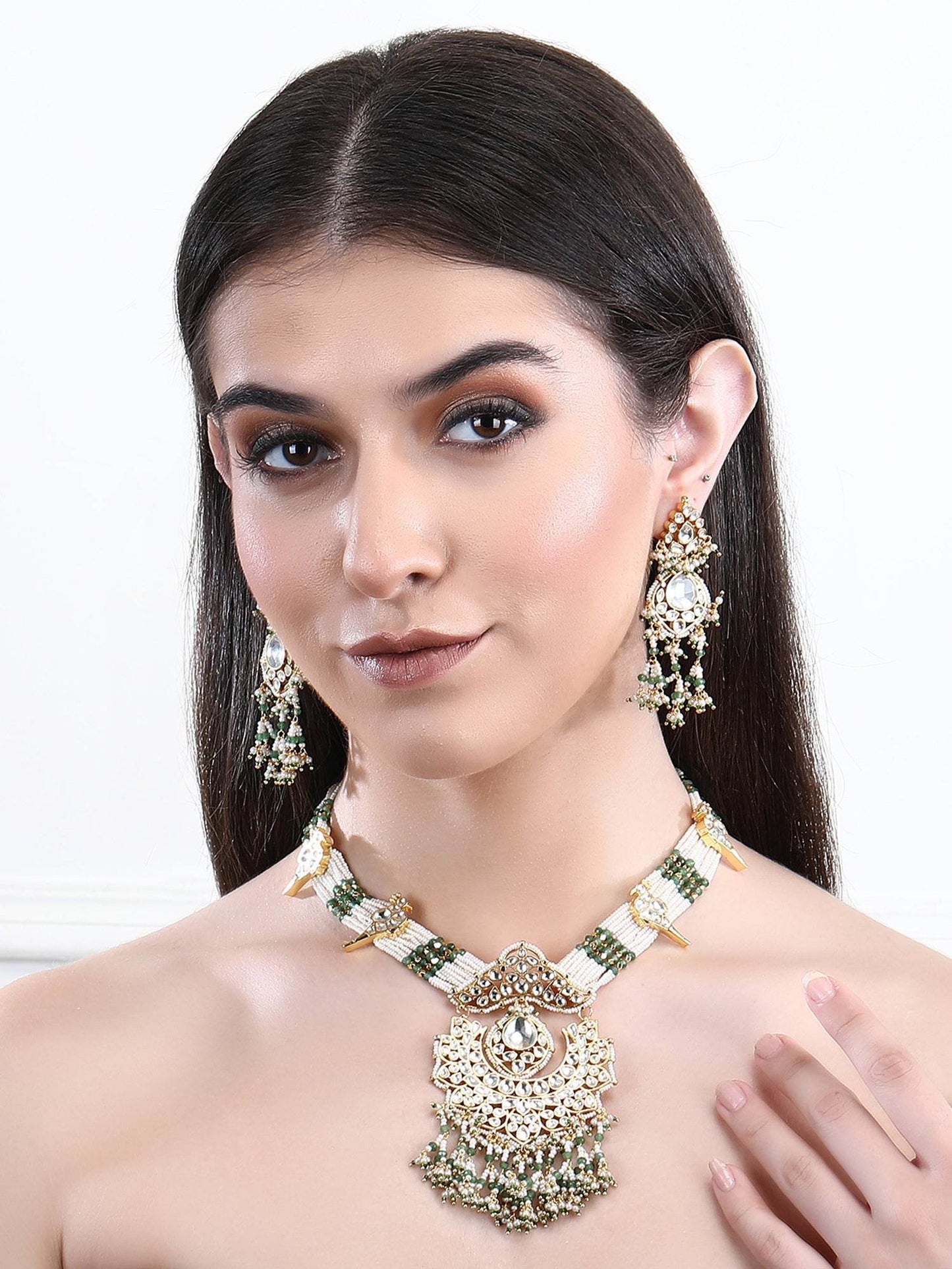 22KT Gold Plated Kundan Classic Green Necklace Set For women and Girl - Auraa Trends