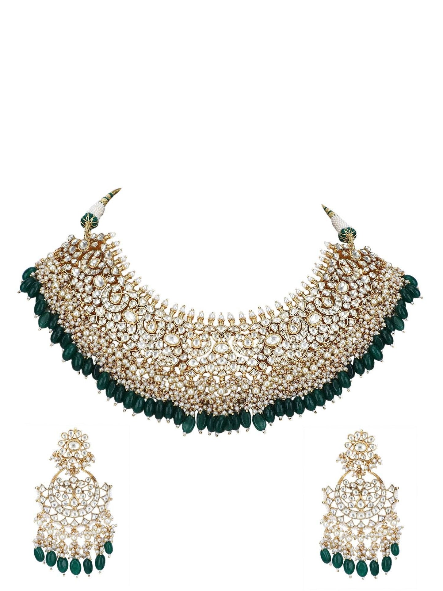 22KT Gold Plated Kundan Classic Green Necklace Set For women and Girls - Auraa Trends