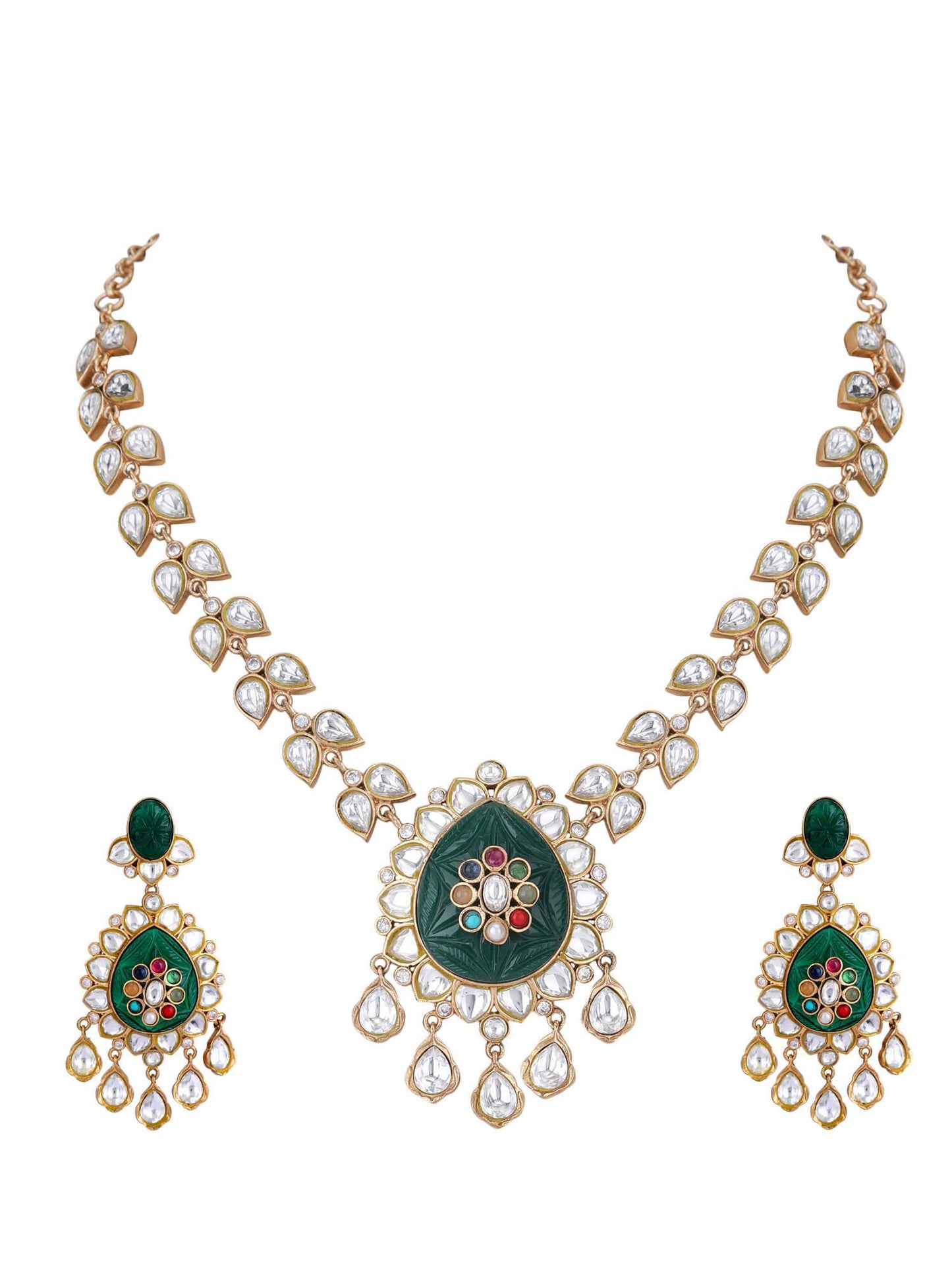 22KT Gold Plated Kundan Classic Green Necklace Set - Auraa Trends