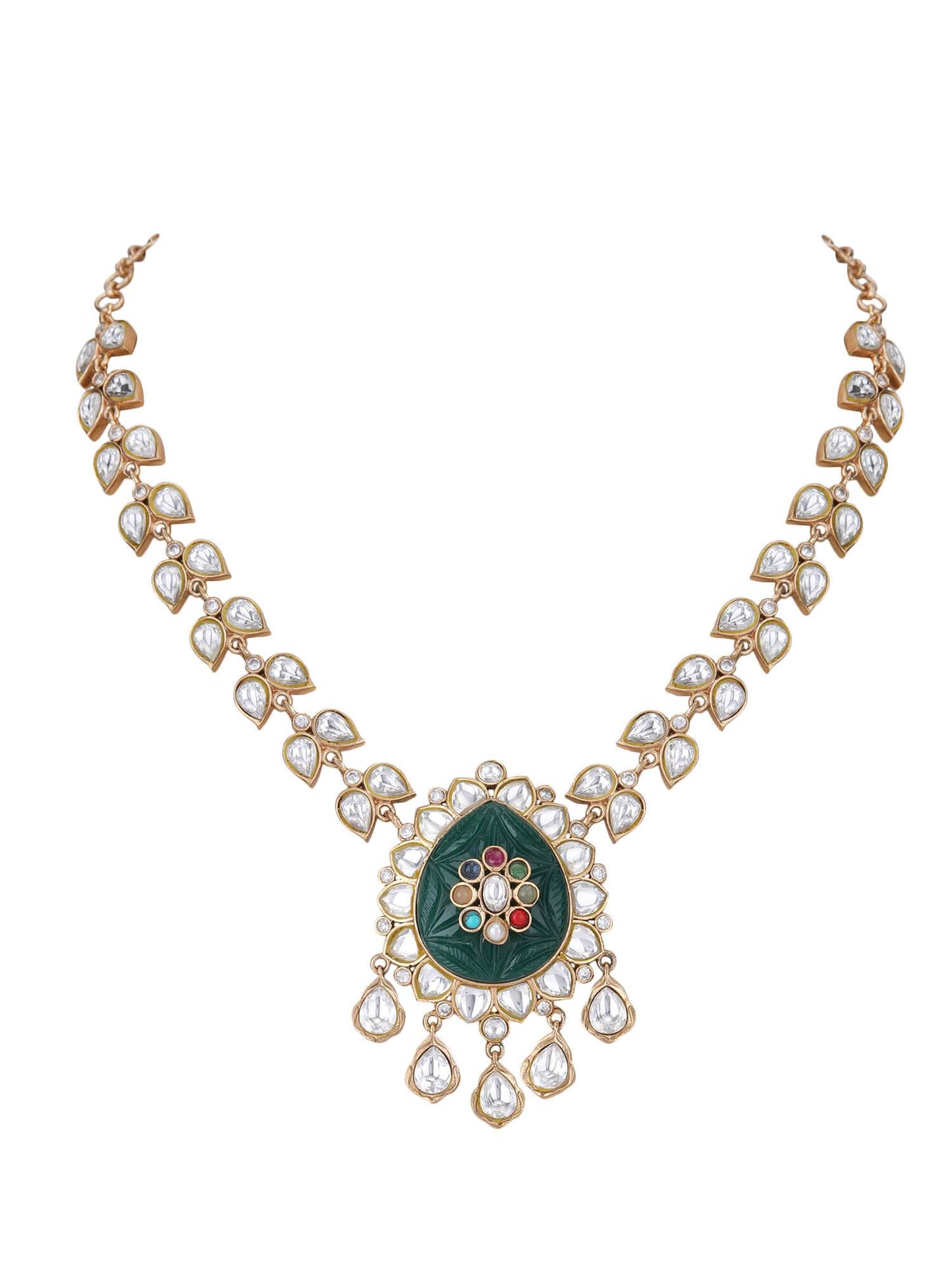 22KT Gold Plated Kundan Classic Green Necklace Set - Auraa Trends