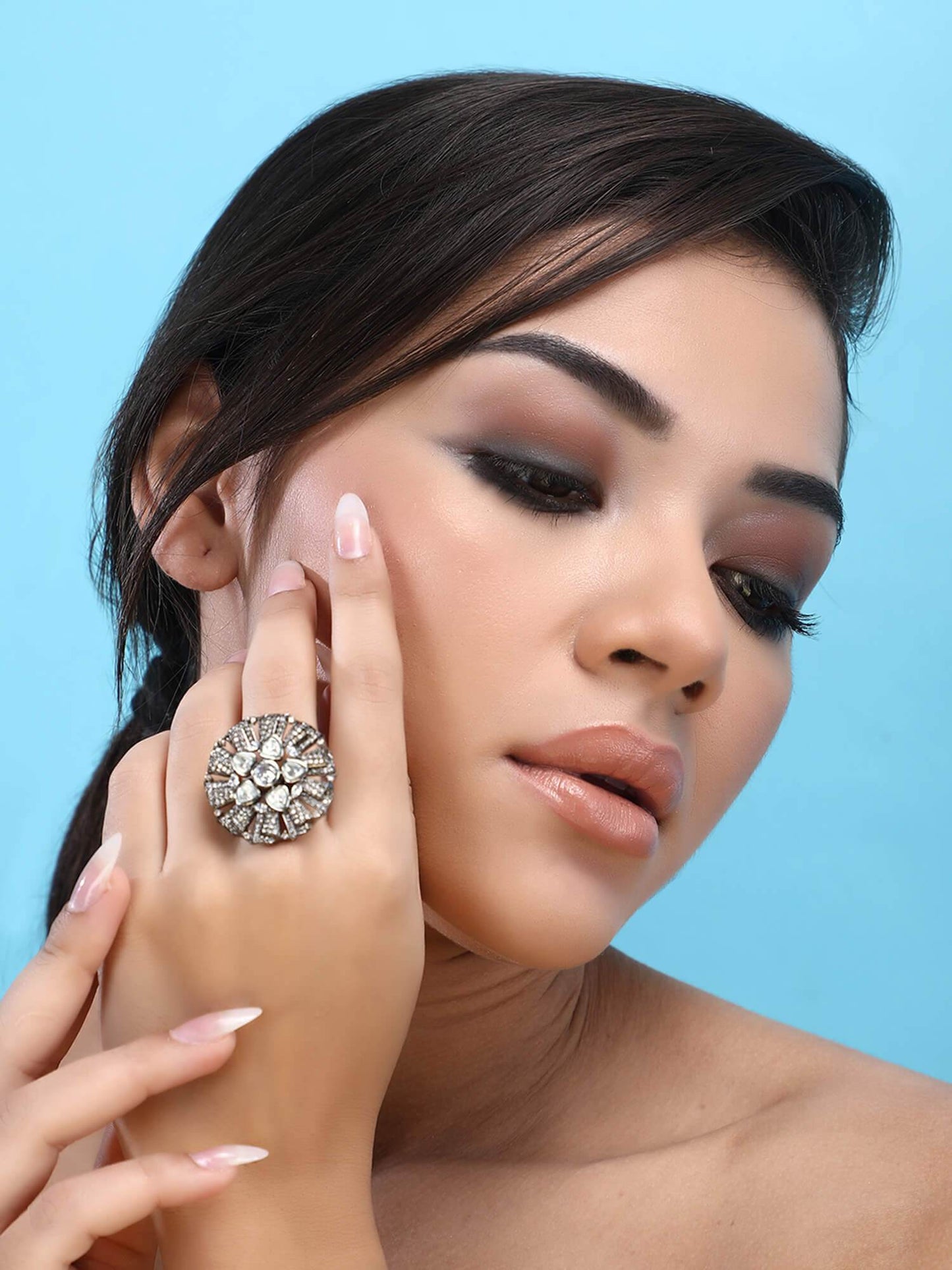 22KT Gold Plated Kundan Classic Grey Ring - Auraa Trends