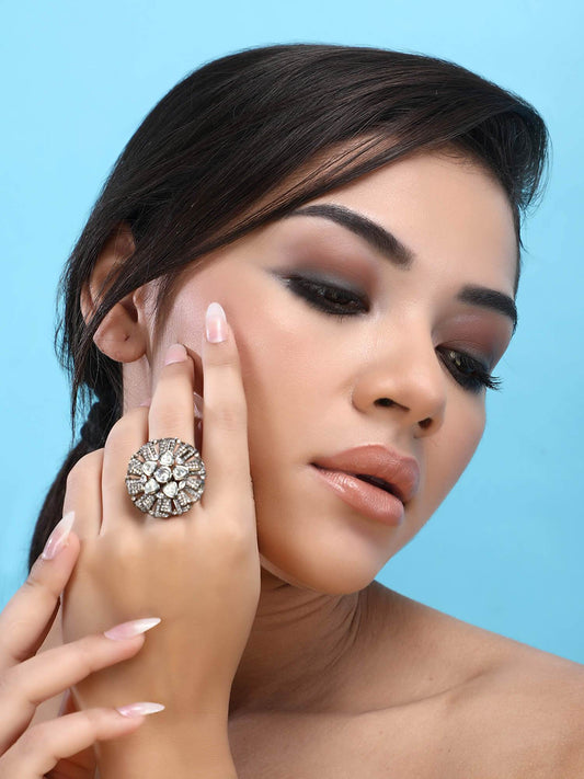 22KT Gold Plated Kundan Classic Grey Ring - Auraa Trends