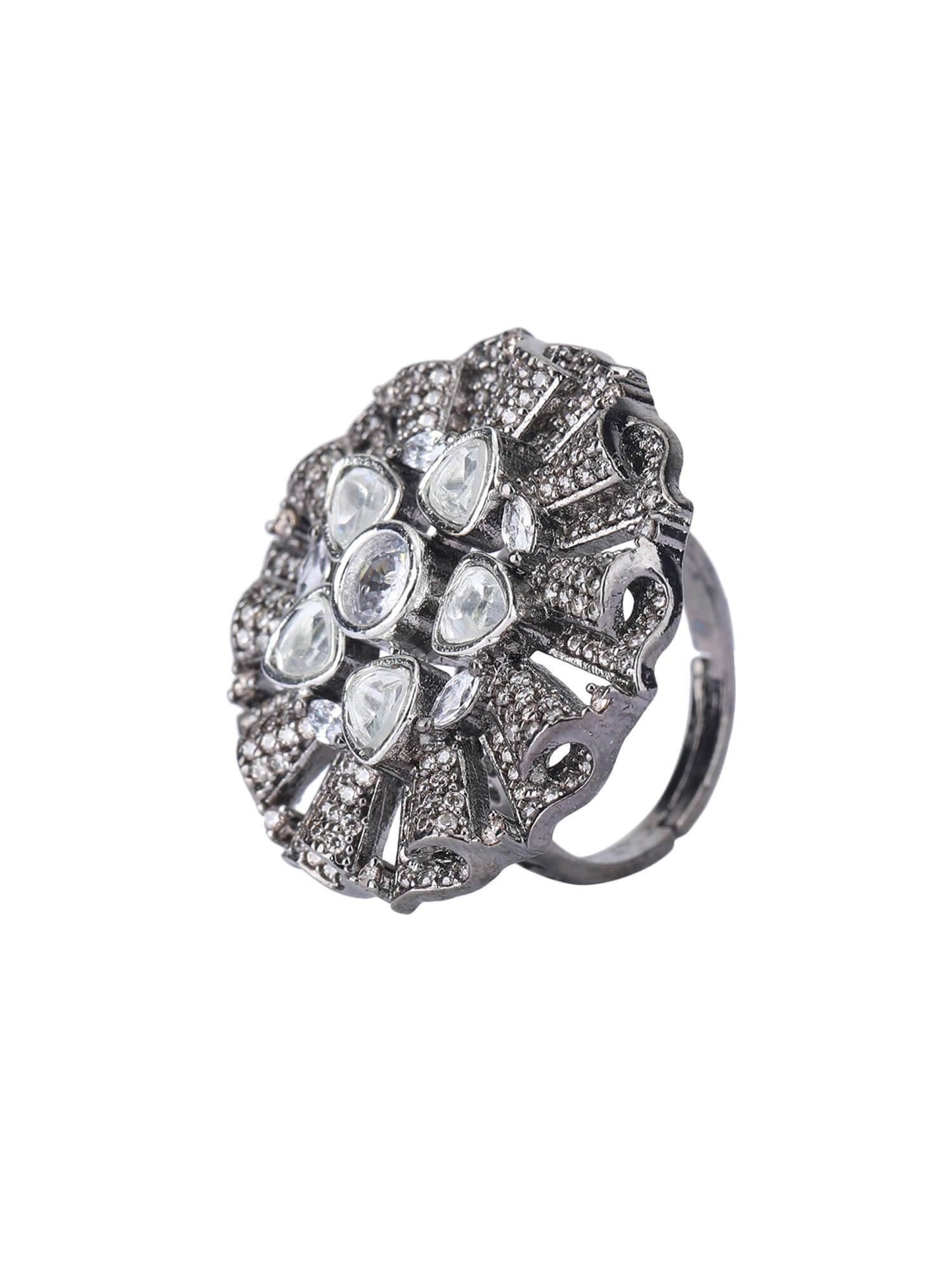 22KT Gold Plated Kundan Classic Grey Ring - Auraa Trends