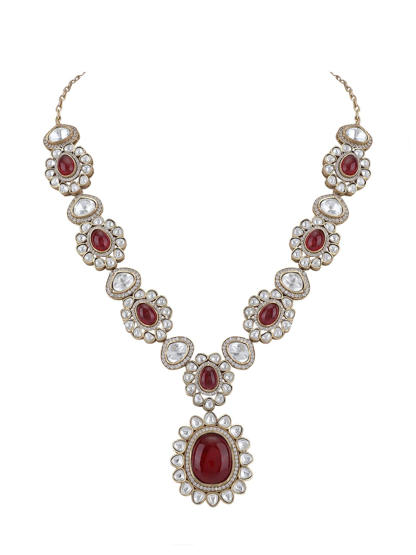 22KT Gold Plated Kundan Classic Red Necklace Set - Auraa Trends