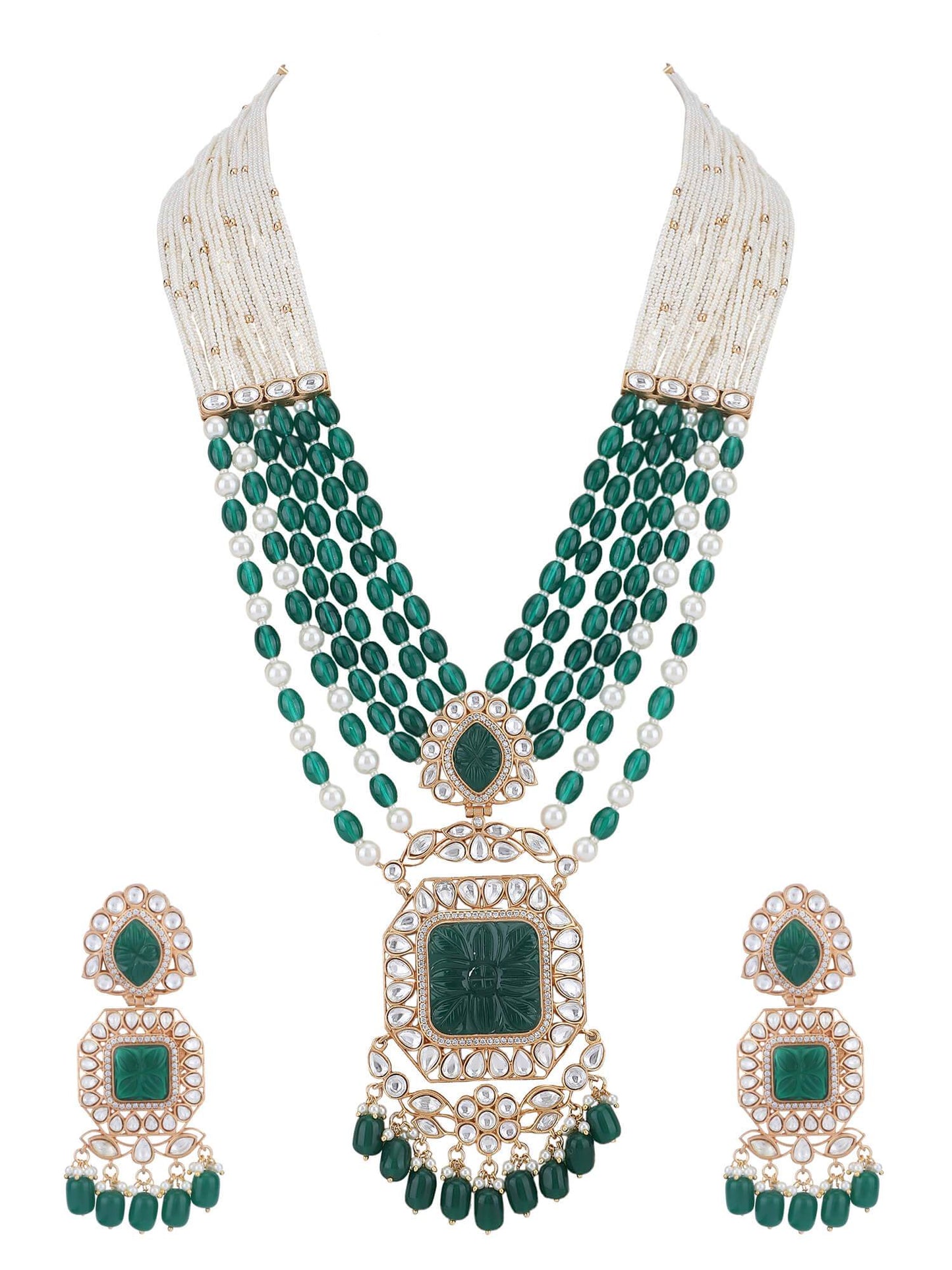 22KT Gold Plated Kundan Elegant Green Necklace Set - Auraa Trends