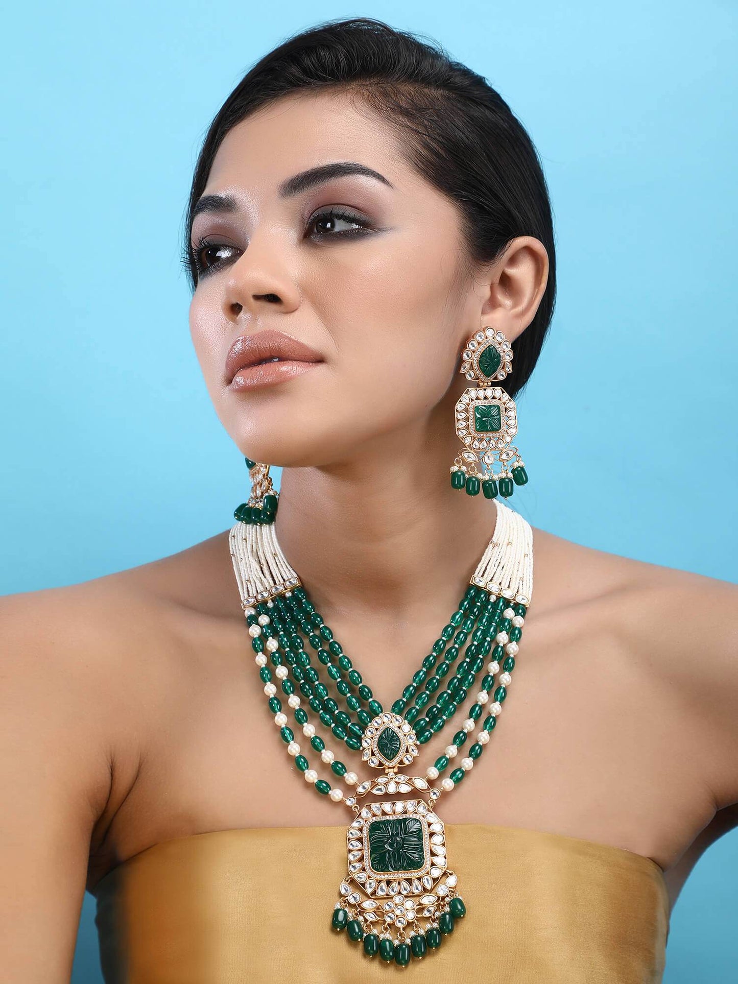 22KT Gold Plated Kundan Elegant Green Necklace Set - Auraa Trends